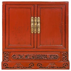 Chinese Qing Dynasty 19th Century Shanxi Red Lacquered Cabinet with Carved Birds