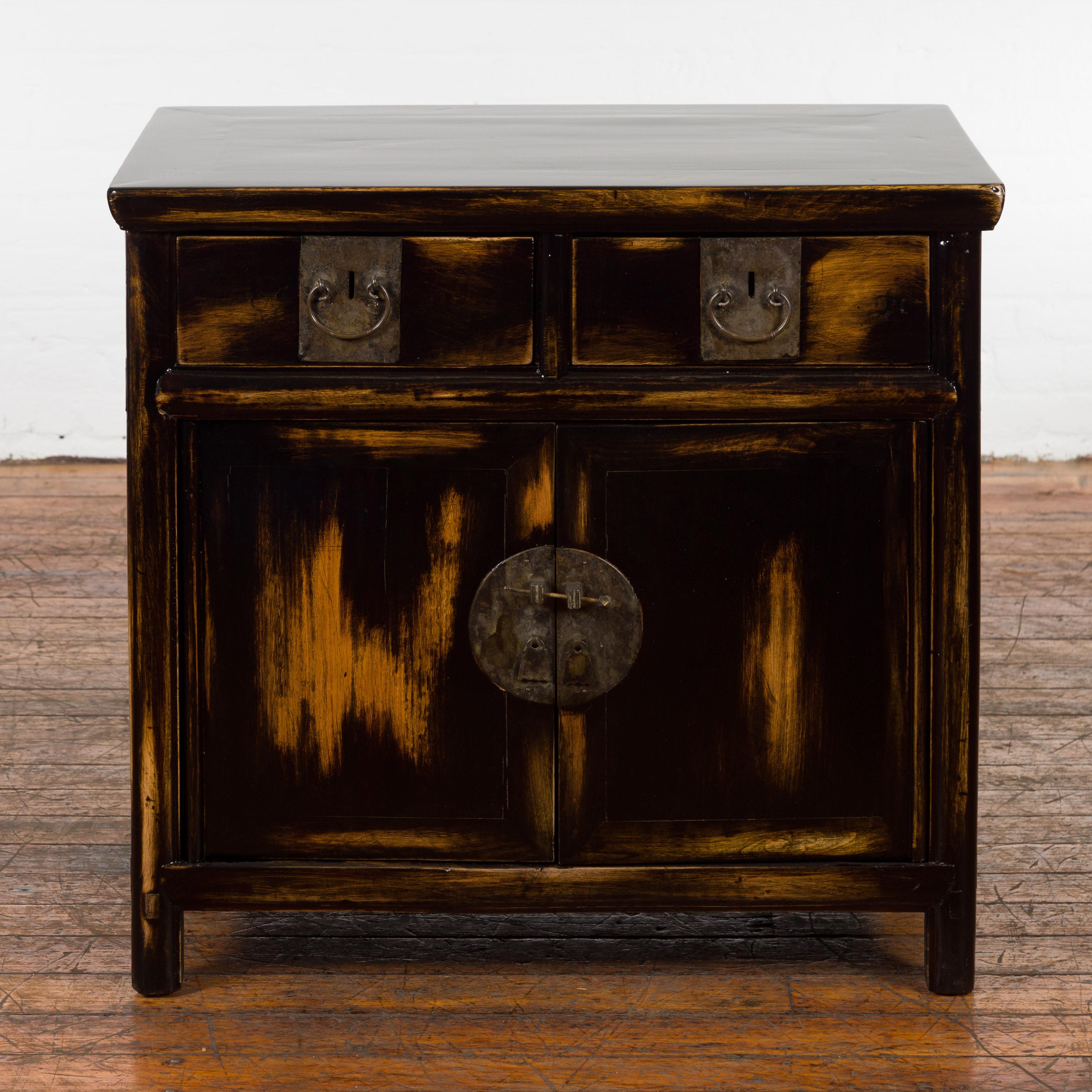 Brass Chinese Qing Dynasty 19th Century Side Cabinet with Black and Brown Lacquer For Sale