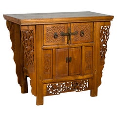 Chinese Qing Dynasty 19th Century Side Cabinet with Carved Foliage Motifs