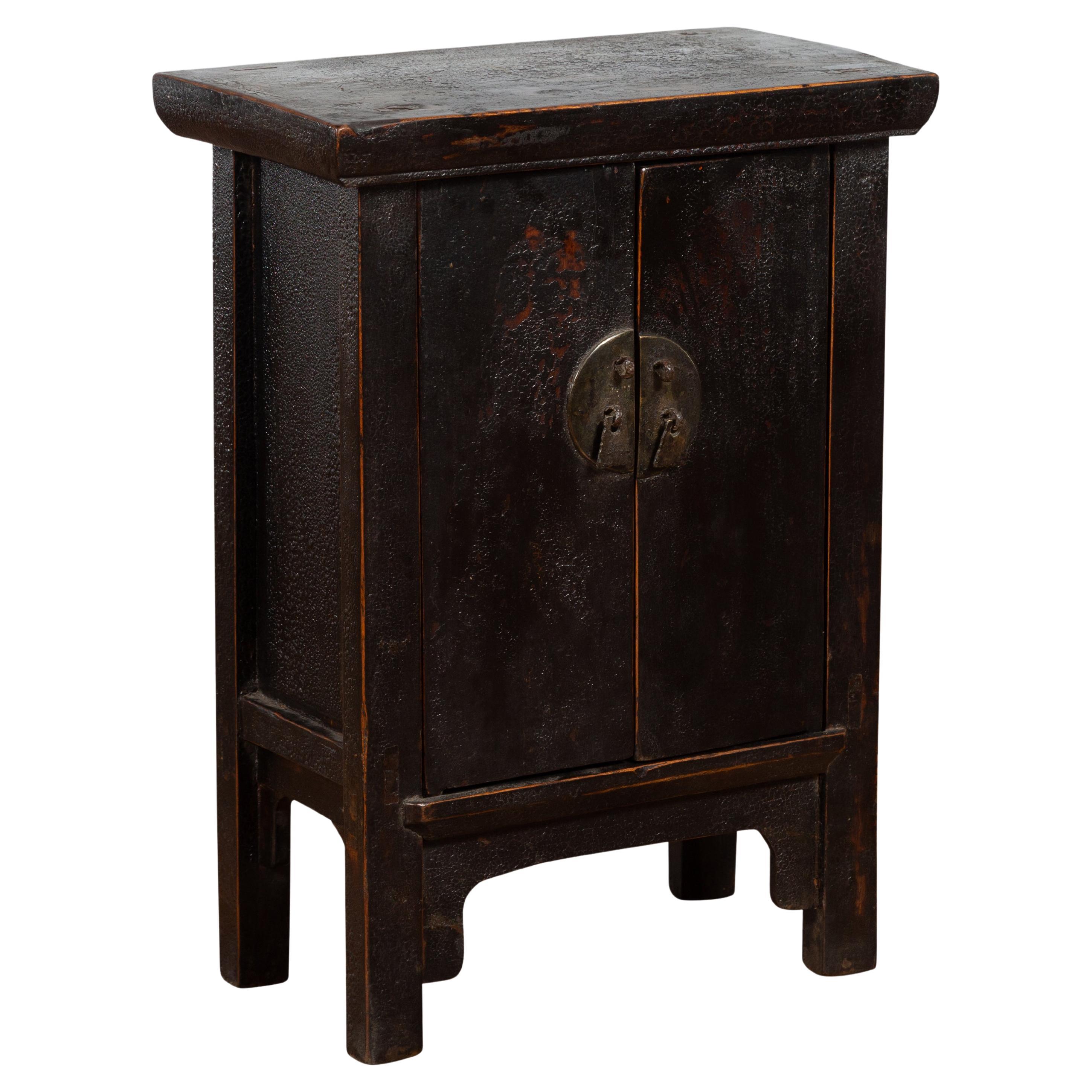Chinese Qing Dynasty 19th Century Side Cabinet with Distressed Black Lacquer For Sale