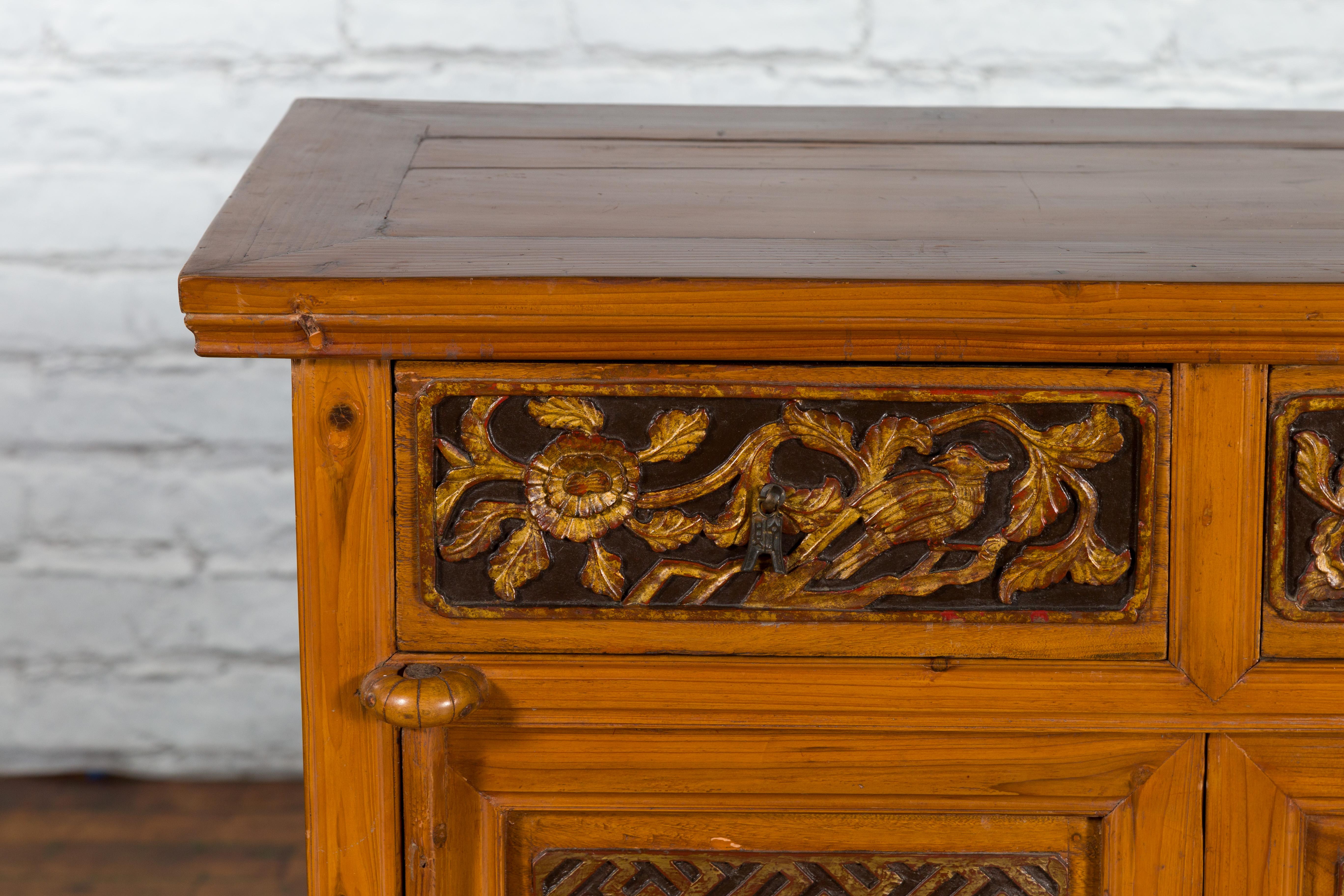 Chinese Qing Dynasty 19th Century Side Cabinet with Fretwork and Carved Drawers 1