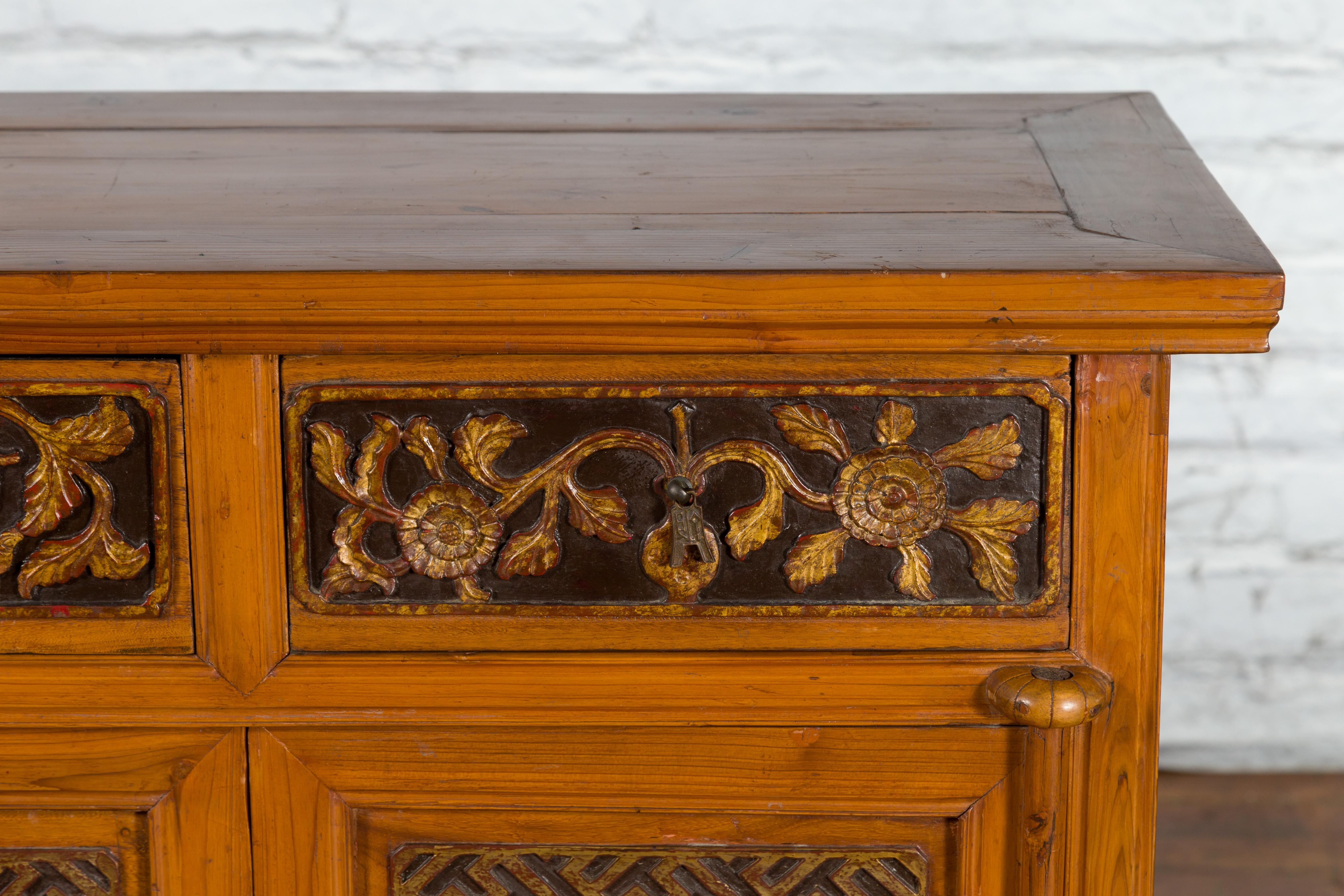 Chinese Qing Dynasty 19th Century Side Cabinet with Fretwork and Carved Drawers 2