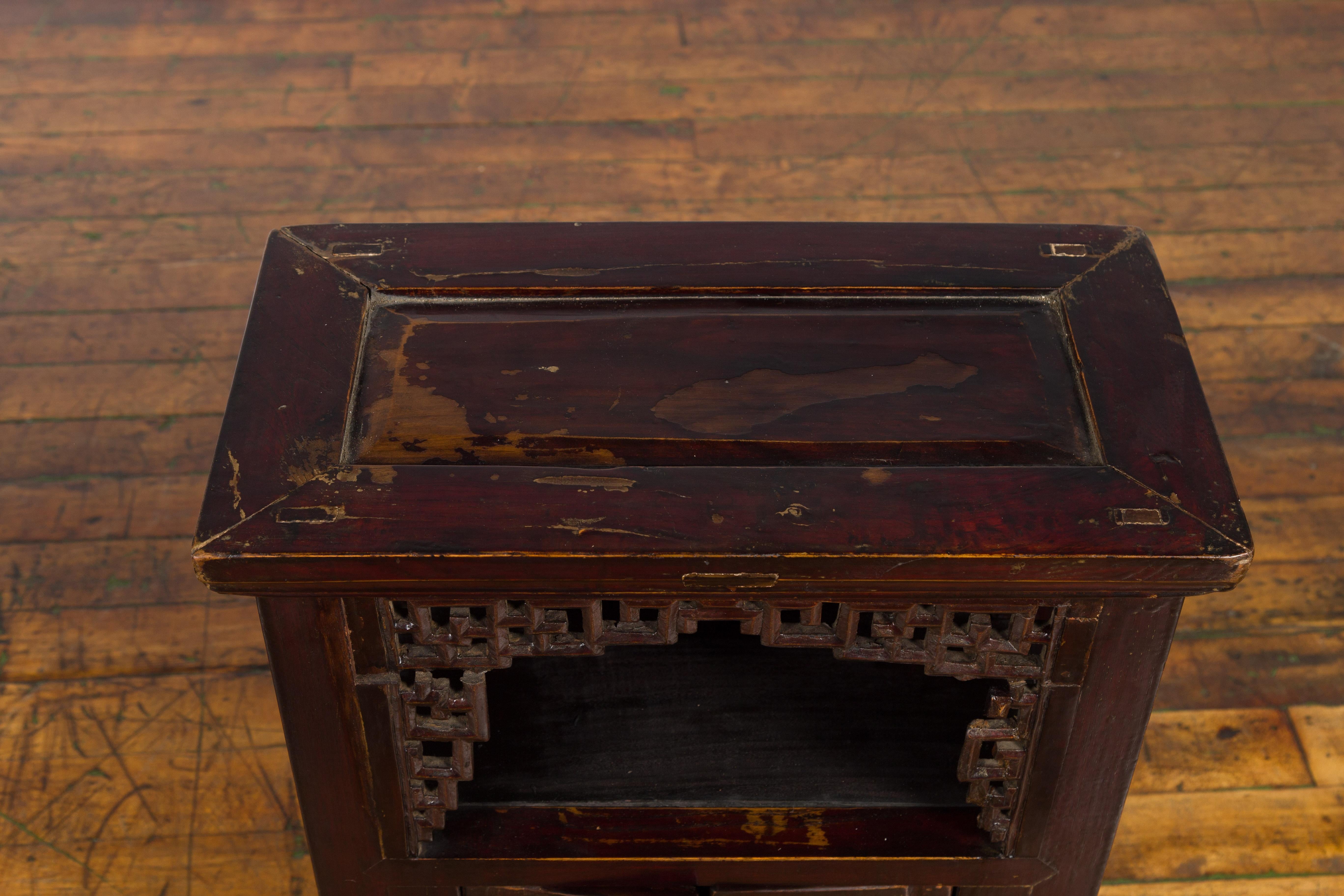 Chinese Qing Dynasty 19th Century Side Cabinet with Fretwork Shelf and Doors For Sale 10