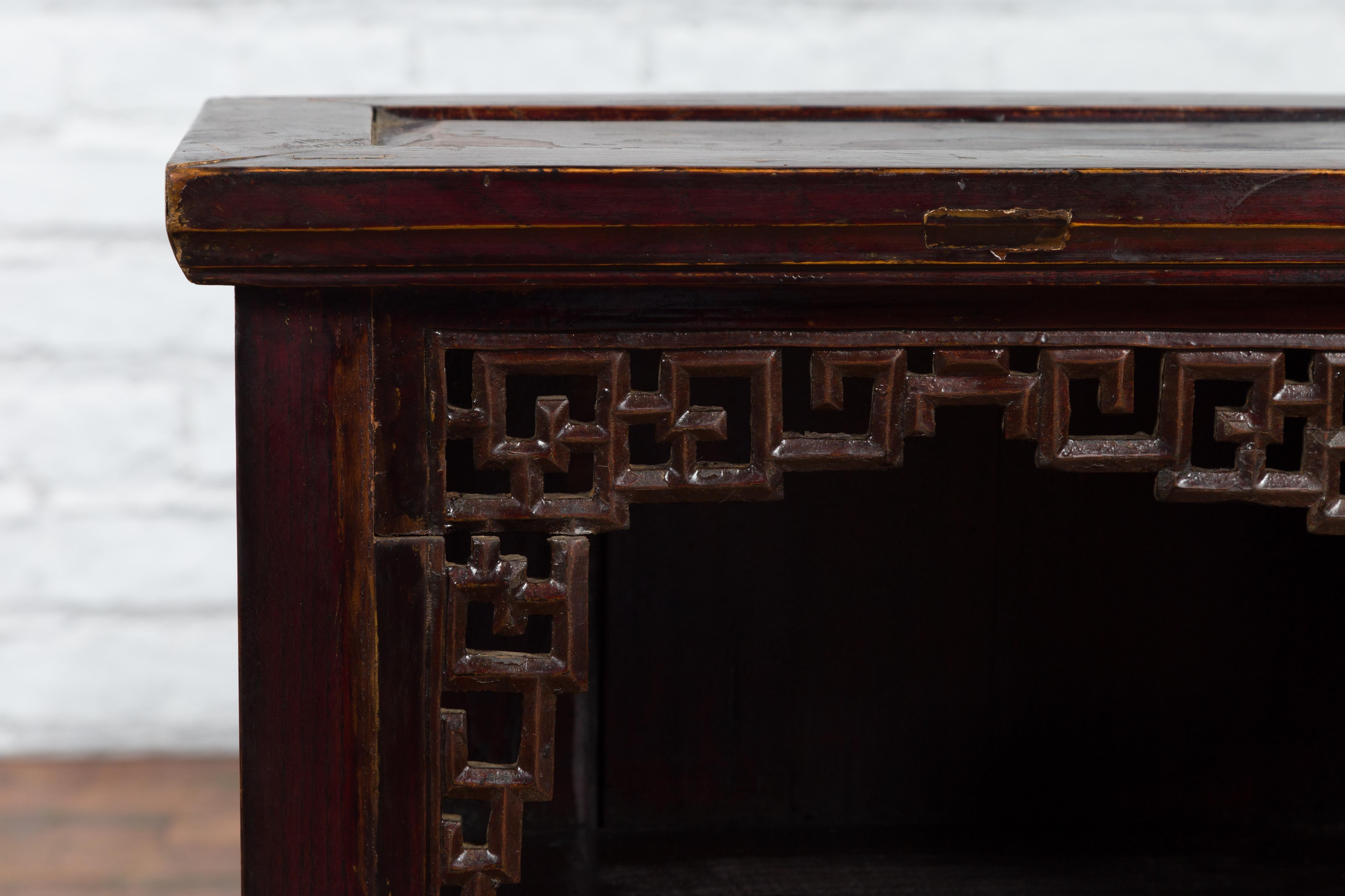 Chinese Qing Dynasty 19th Century Side Cabinet with Fretwork Shelf and Doors For Sale 11
