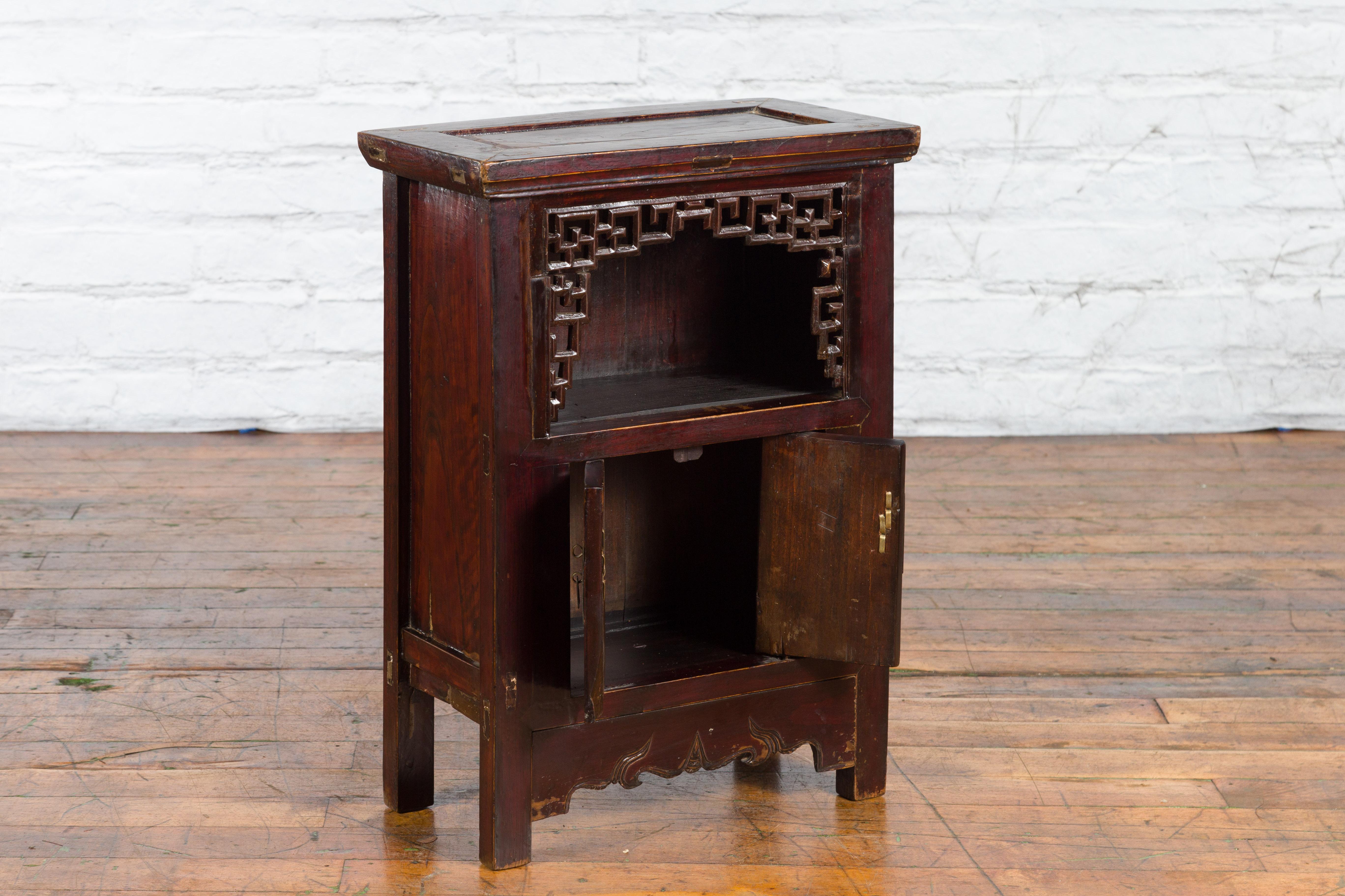 Wood Chinese Qing Dynasty 19th Century Side Cabinet with Fretwork Shelf and Doors For Sale