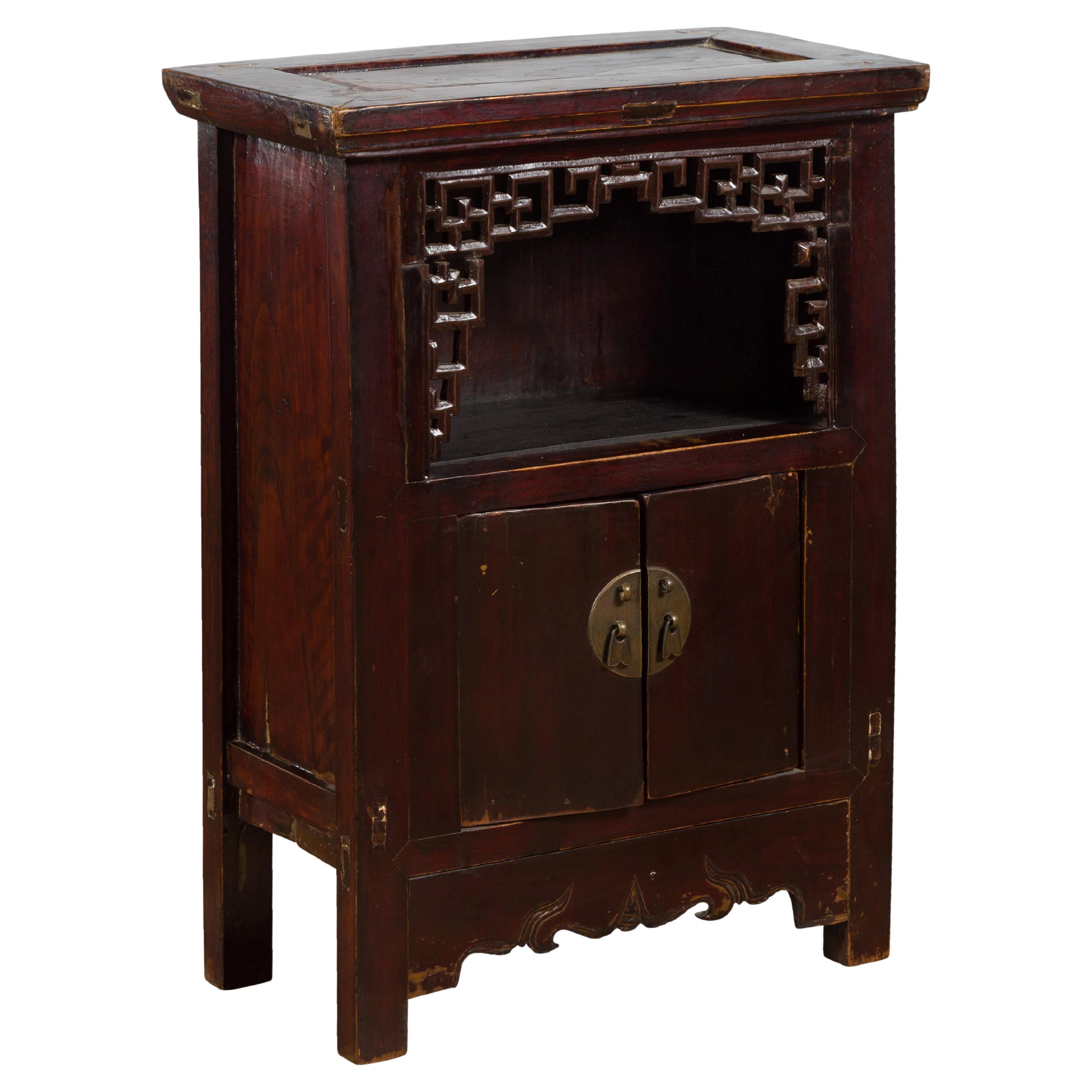 Chinese Qing Dynasty 19th Century Side Cabinet with Fretwork Shelf and Doors