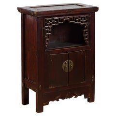 Antique Chinese Qing Dynasty 19th Century Side Cabinet with Fretwork Shelf and Doors