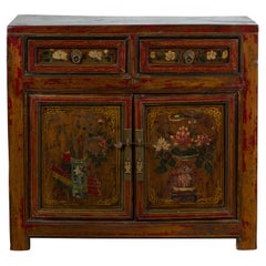 Antique Chinese Qing Dynasty 19th Century Side Cabinet with Hand-Painted Floral Décor