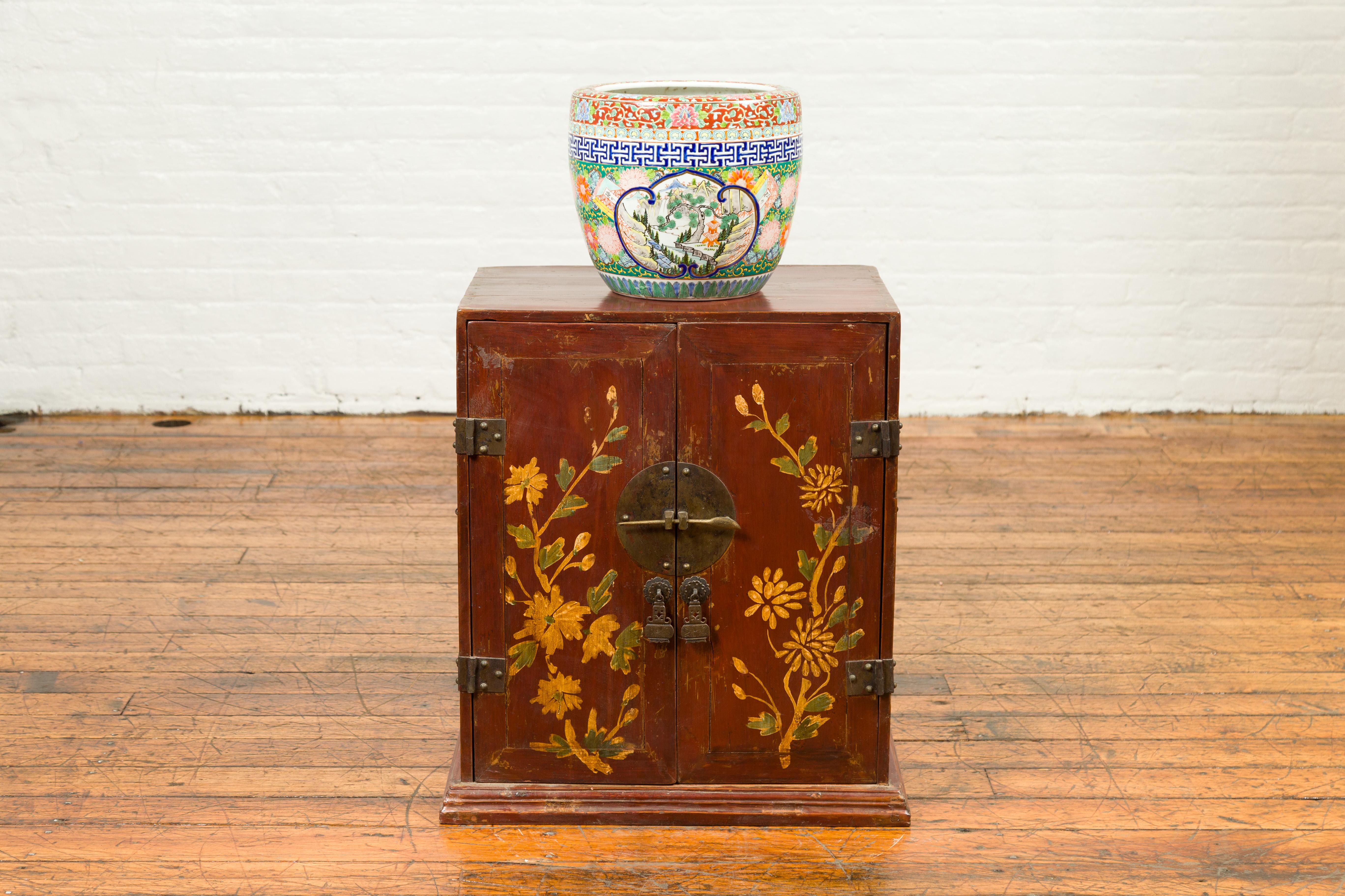 Bronze Qing Dynasty 19th Century Side Cabinet with Painted Floral Decor For Sale