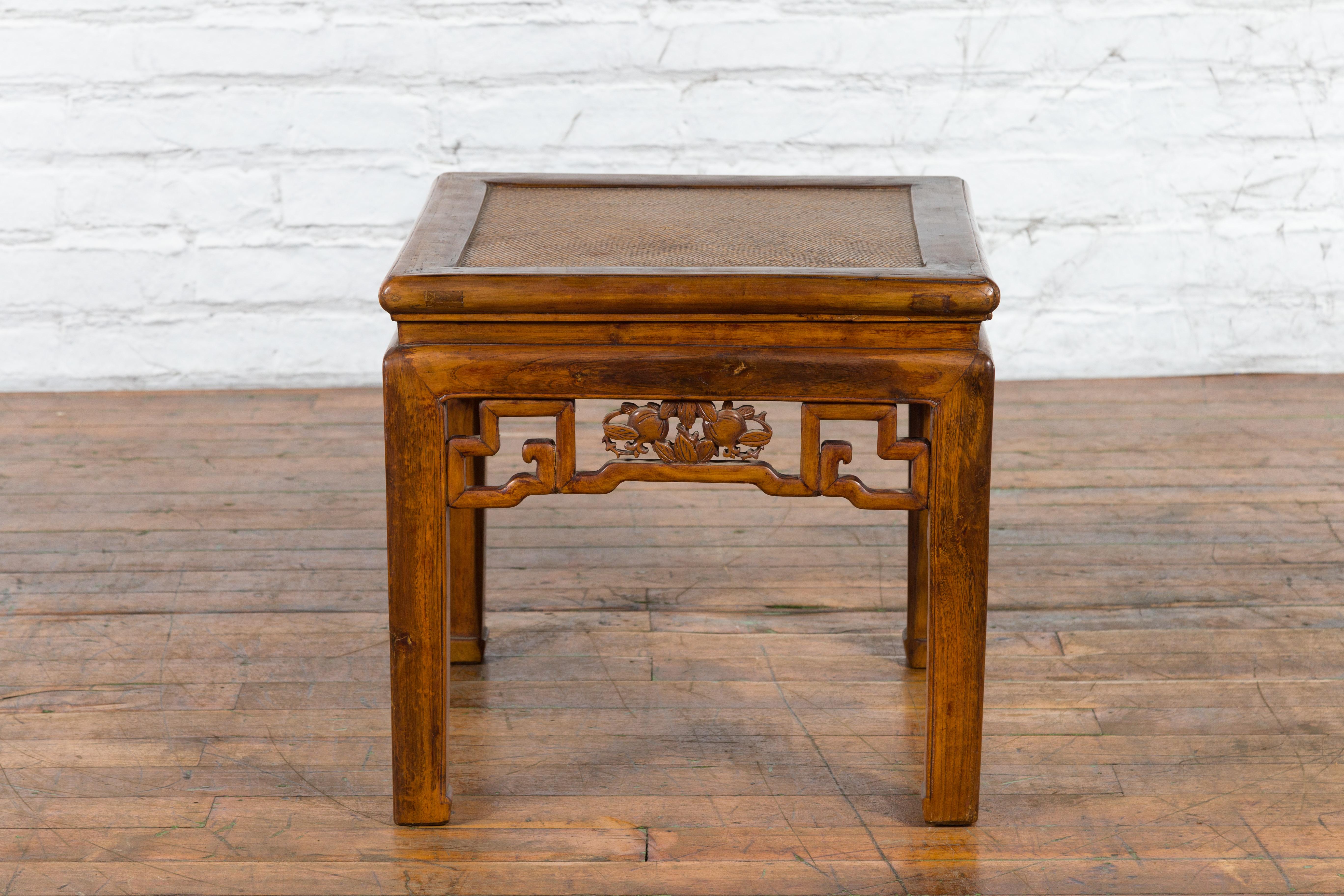 Chinese Qing Dynasty 19th Century Side Table with Rattan Top and Carved Apron For Sale 9