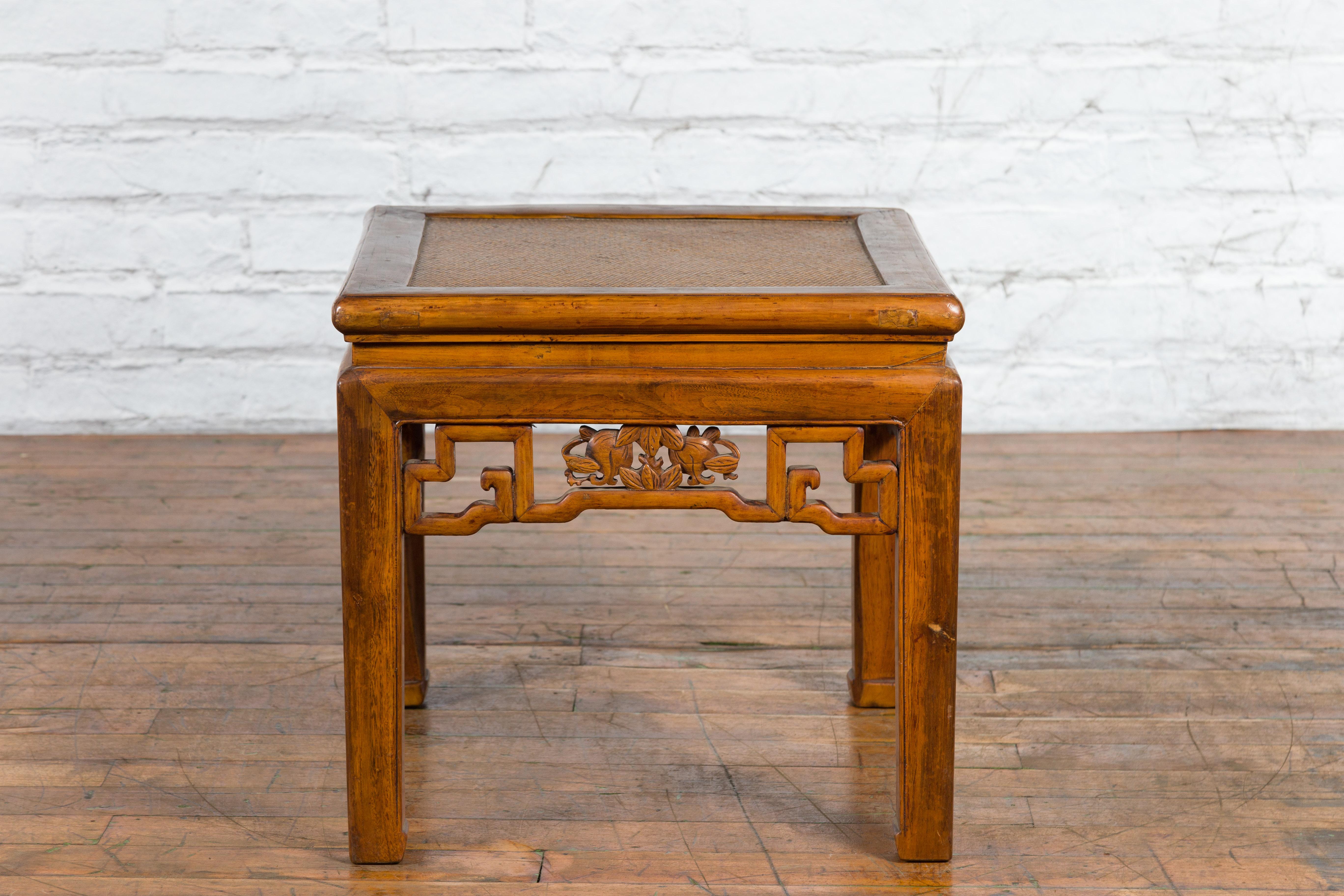Chinese Qing Dynasty 19th Century Side Table with Rattan Top and Carved Apron For Sale 11
