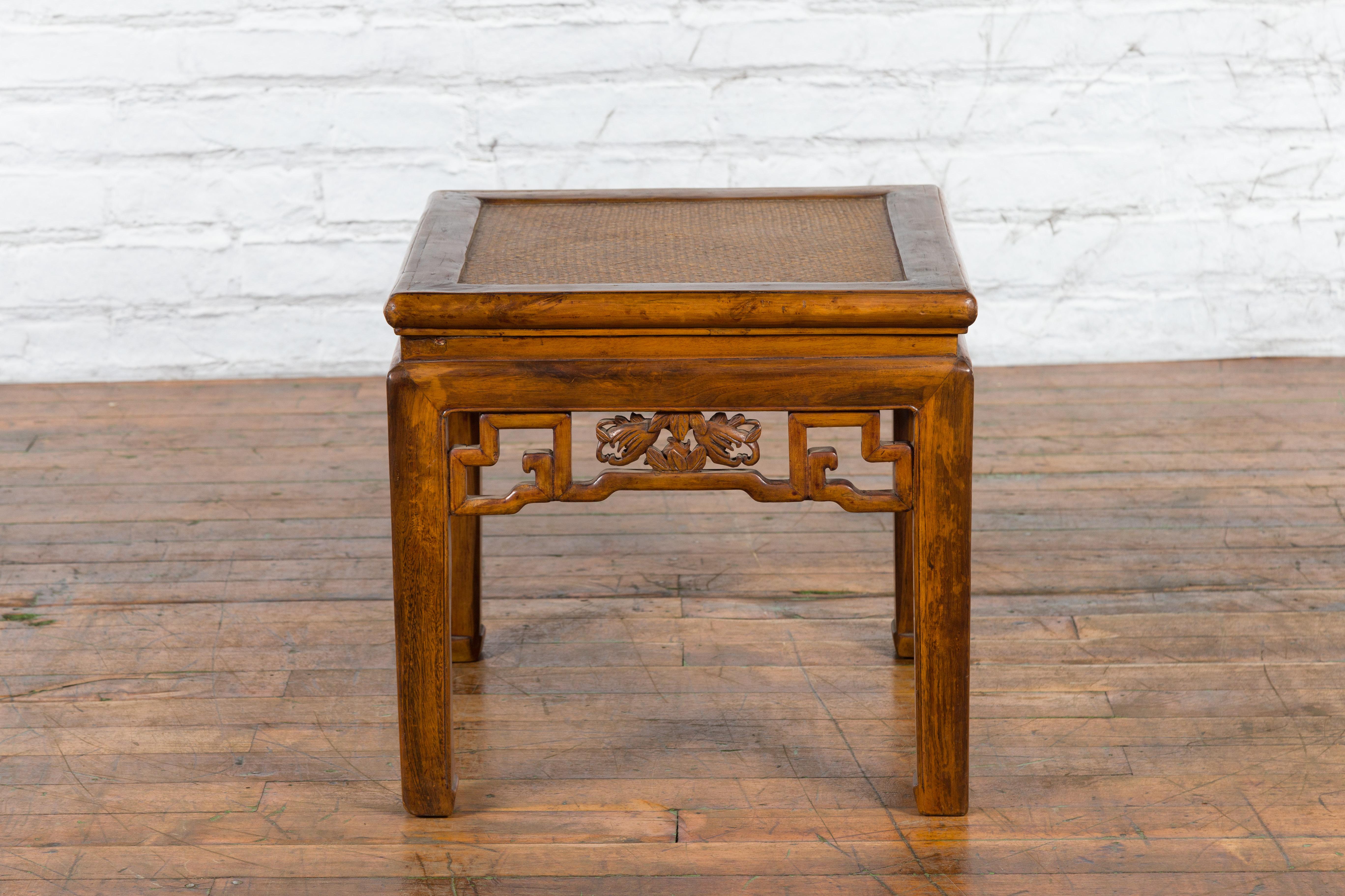 Chinese Qing Dynasty 19th Century Side Table with Rattan Top and Carved Apron For Sale 1