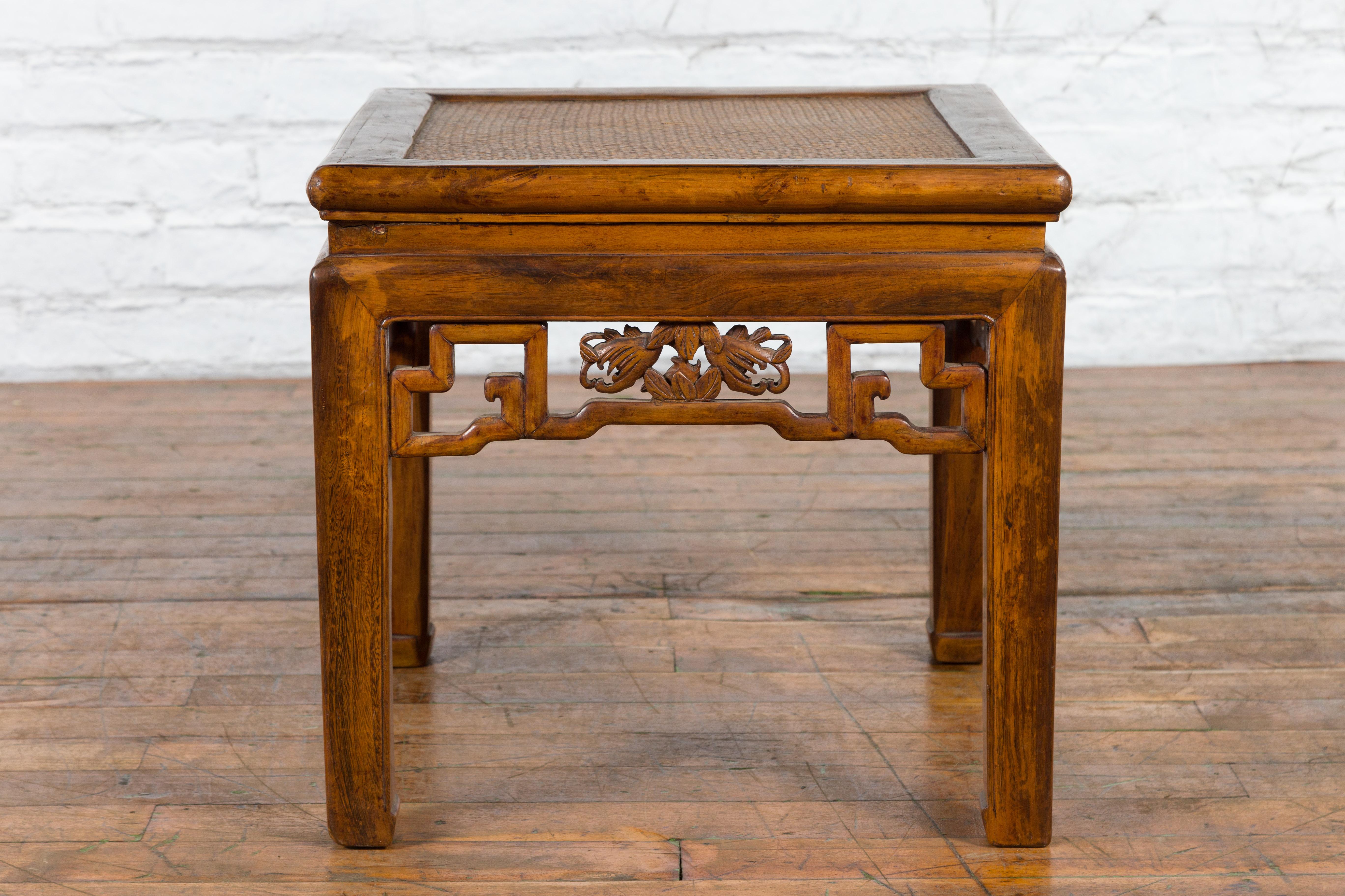Chinese Qing Dynasty 19th Century Side Table with Rattan Top and Carved Apron For Sale 2