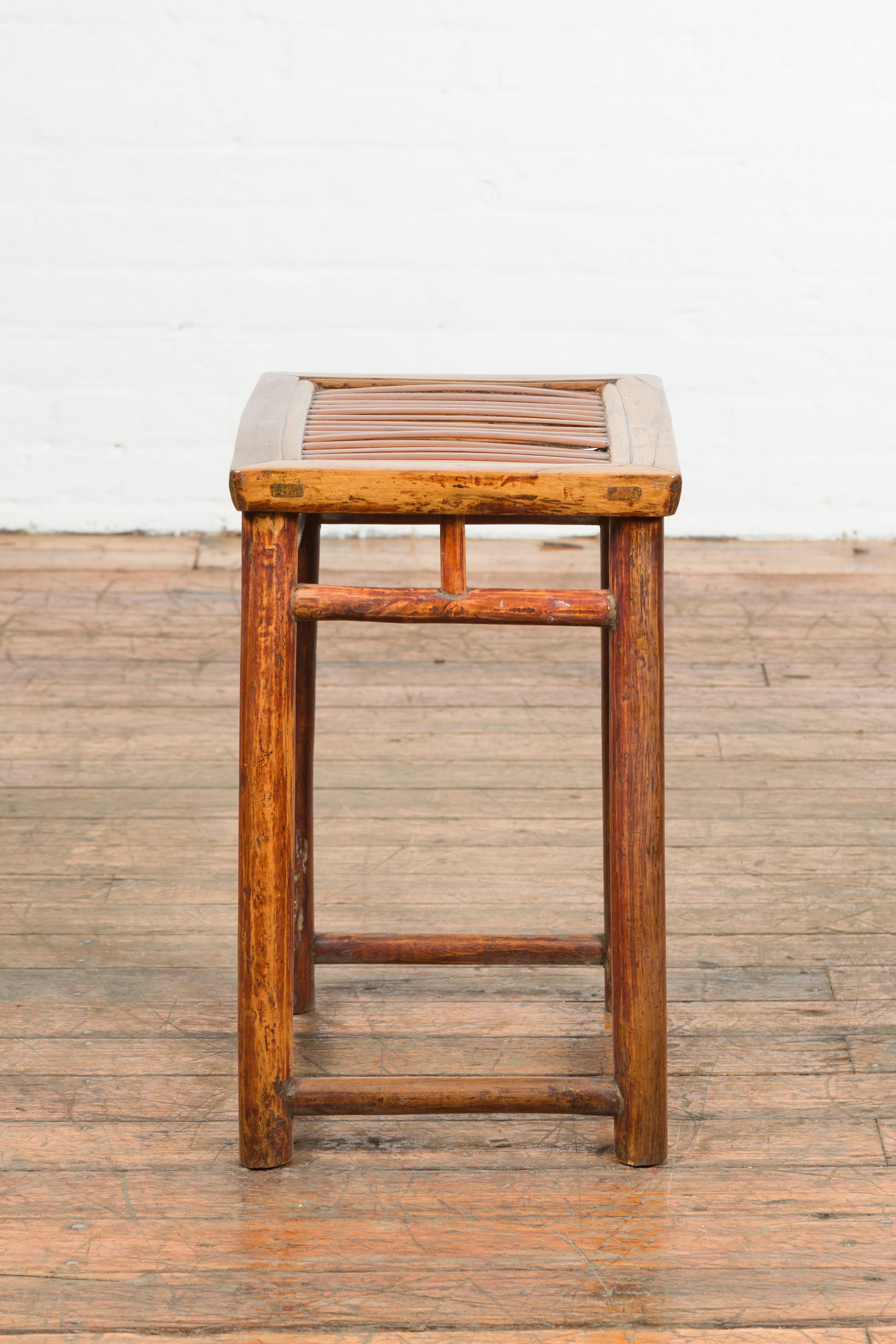Chinese Qing Dynasty 19th Century Side Table with Split Bamboo Top and Patina For Sale 7