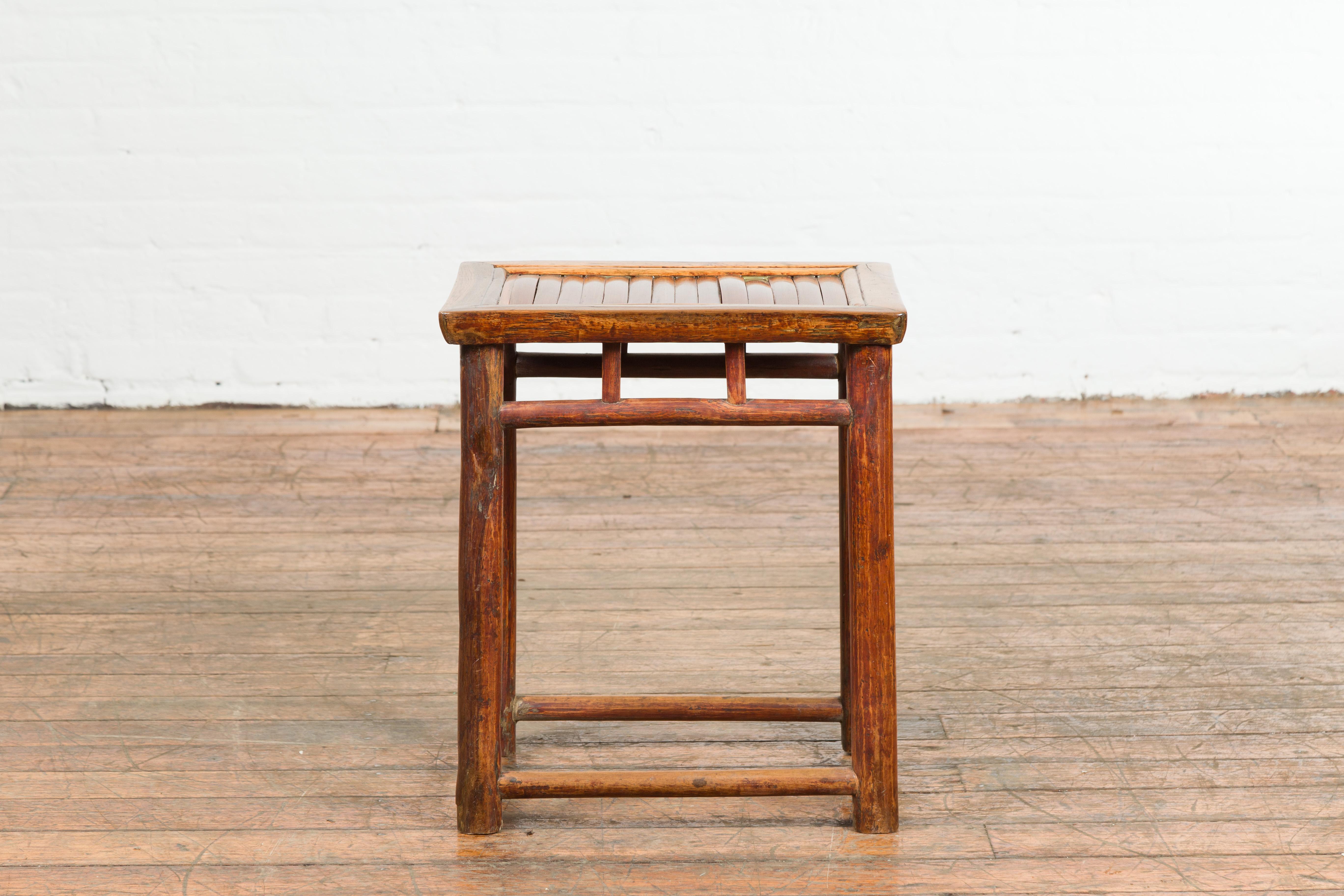 Chinese Qing Dynasty 19th Century Side Table with Split Bamboo Top and Patina For Sale 8