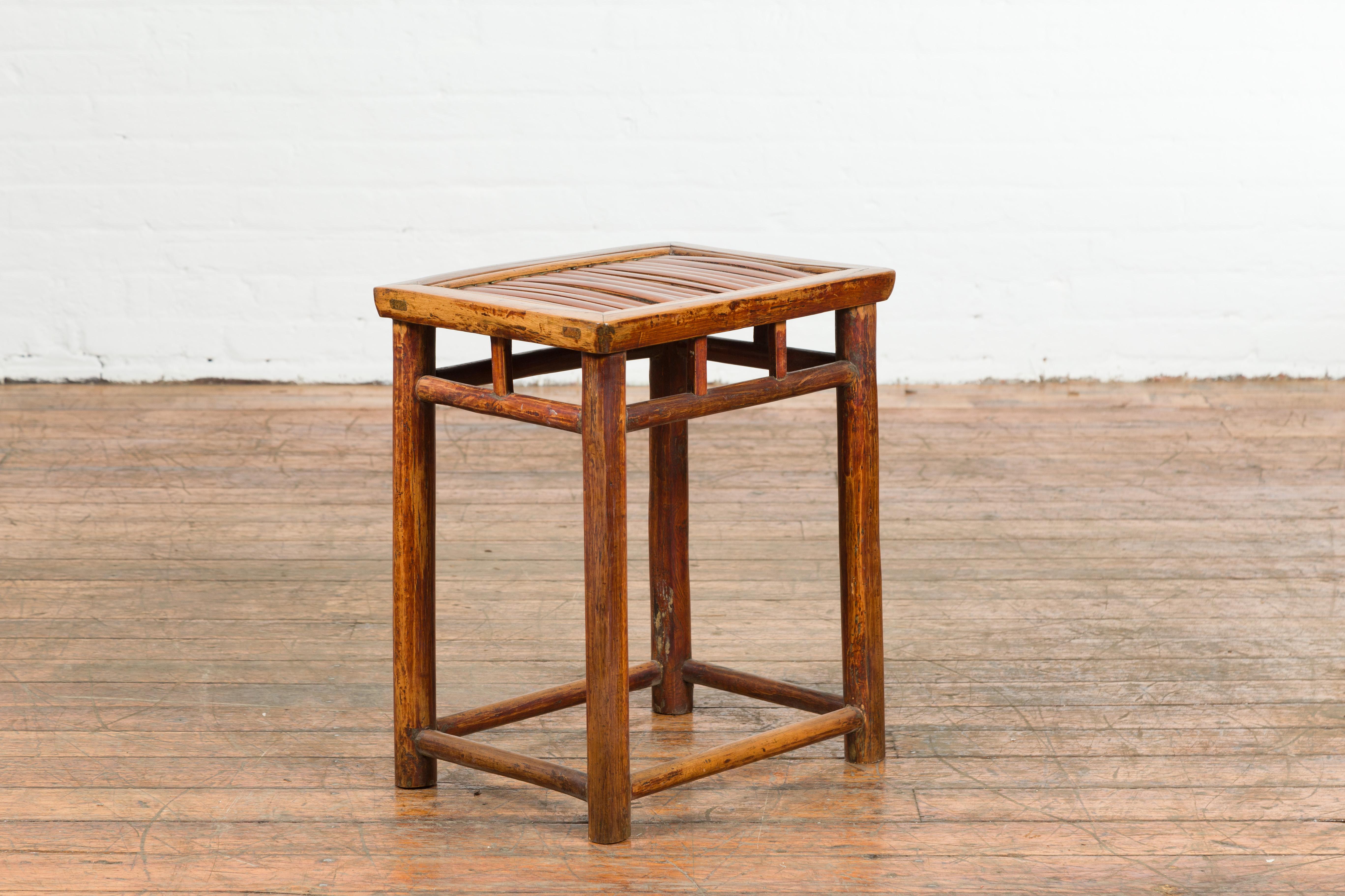 Chinese Qing Dynasty 19th Century Side Table with Split Bamboo Top and Patina For Sale 6