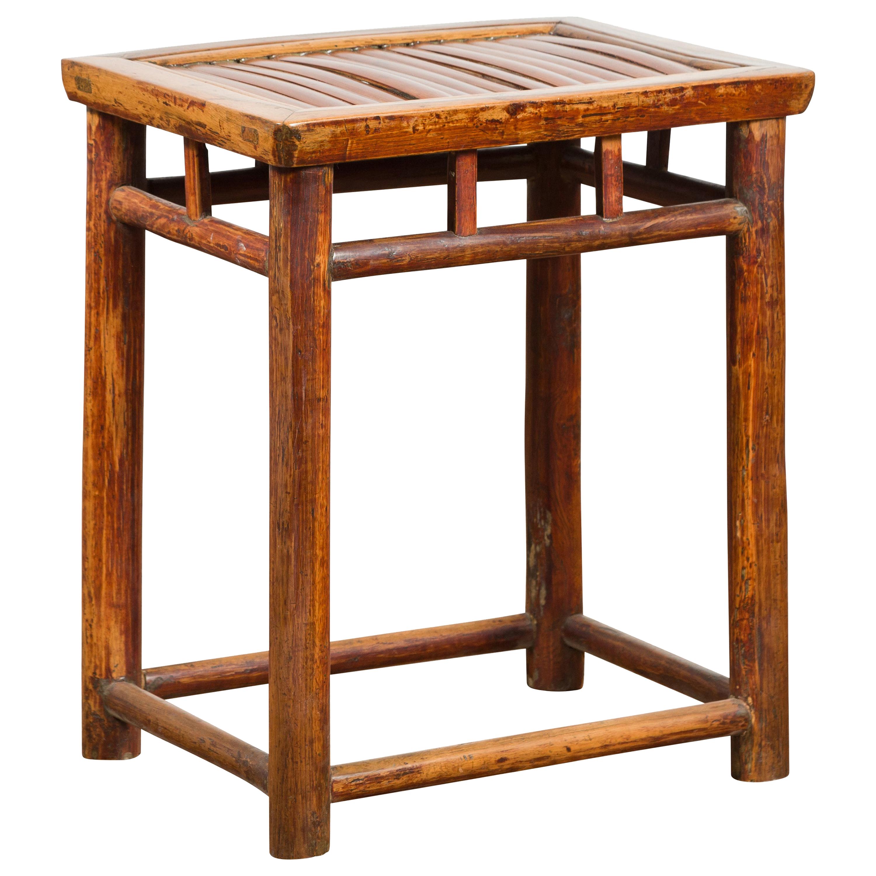 Chinese Qing Dynasty 19th Century Side Table with Split Bamboo Top and Patina For Sale
