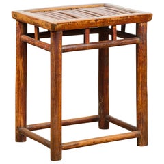 Table d'appoint chinoise du 19ème siècle de la dynastie Qing avec plateau en bambou fendu et patine