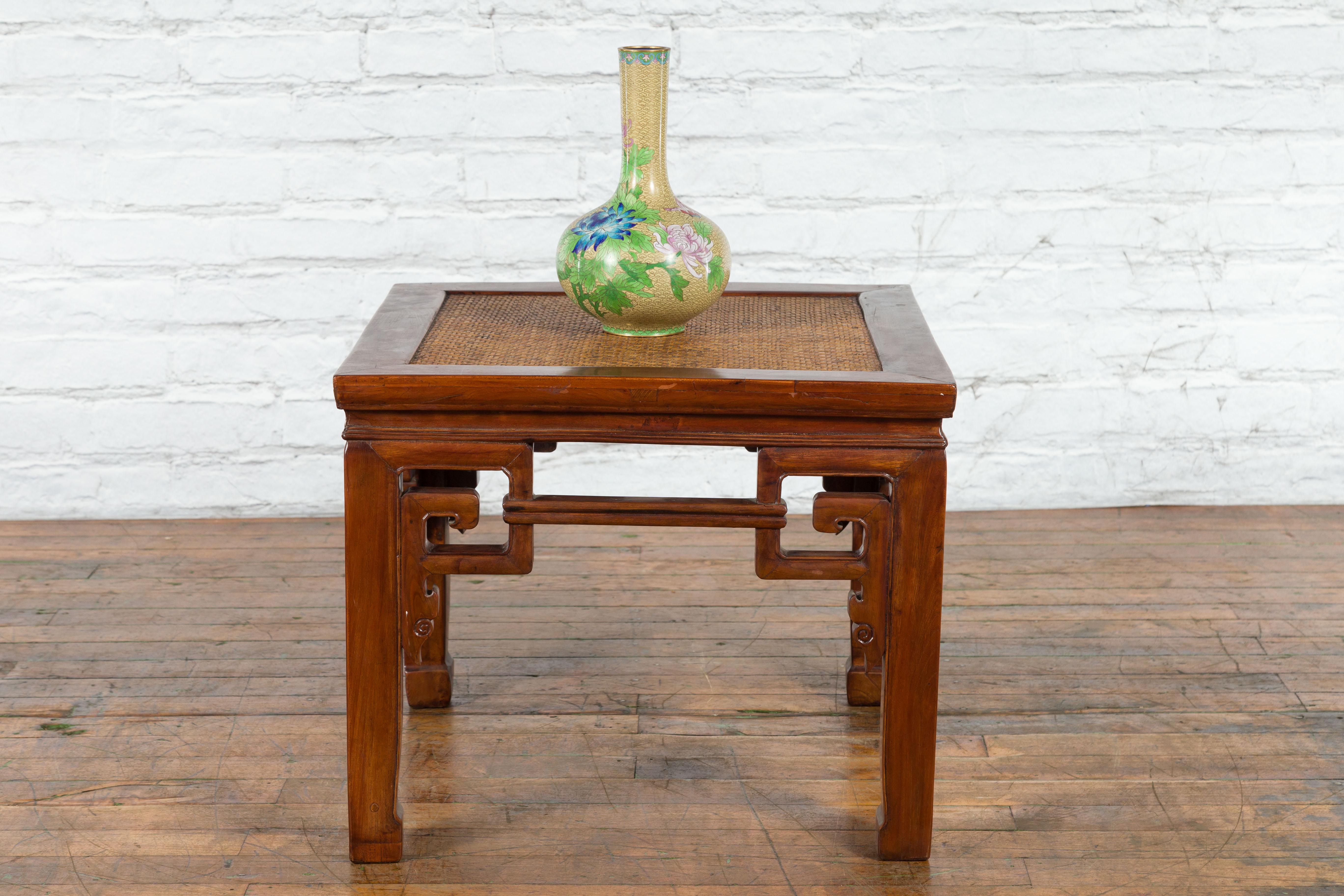 Carved Chinese Qing Dynasty 19th Century Stool or Drinks Table with Woven Rattan Top For Sale