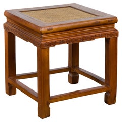 Chinese Qing Dynasty 19th Century Stool with Woven Rattan Top and Carved Apron