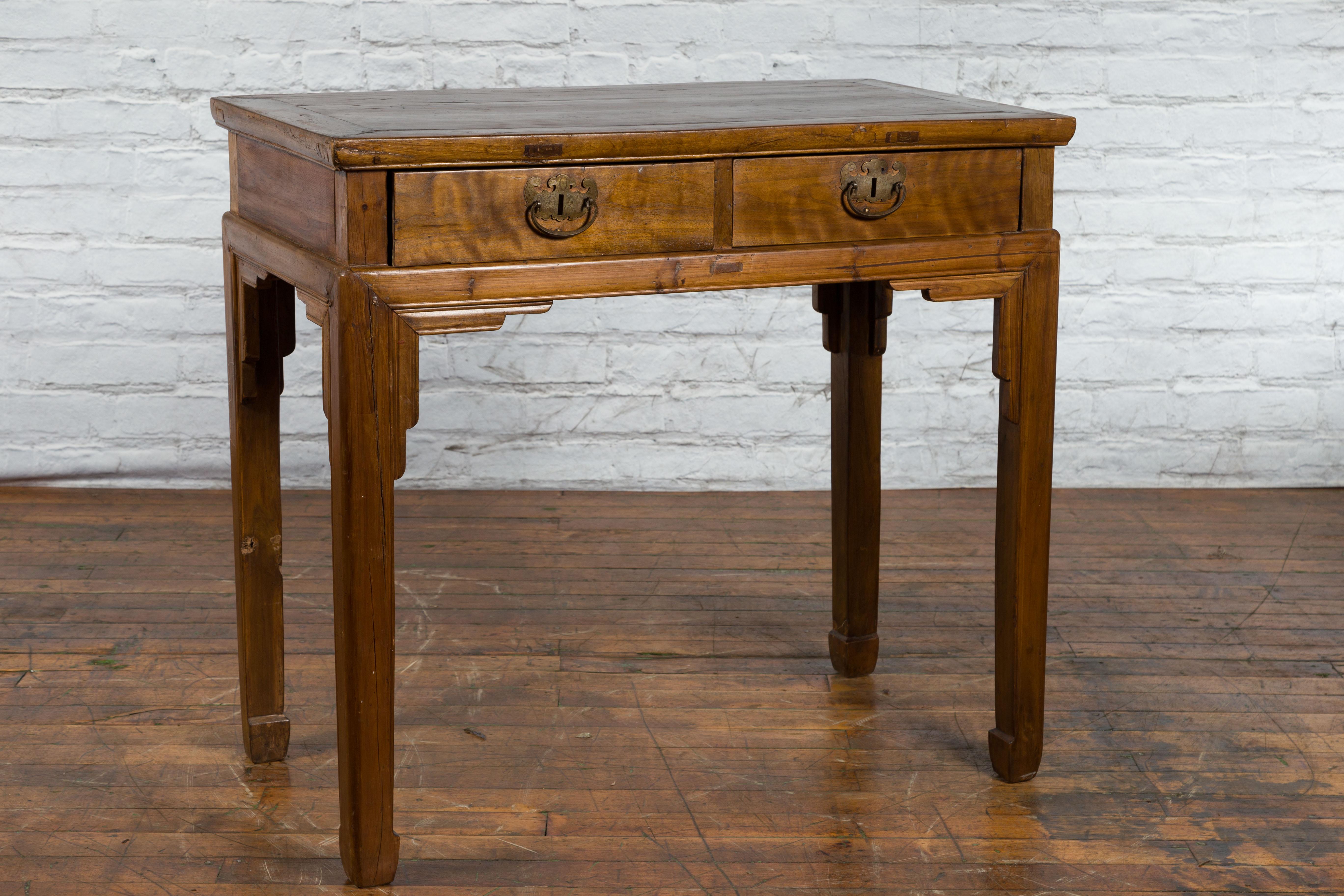 Chinese Qing Dynasty 19th Century Two-Drawer Desk with Bronze Butterfly Hardware For Sale 7
