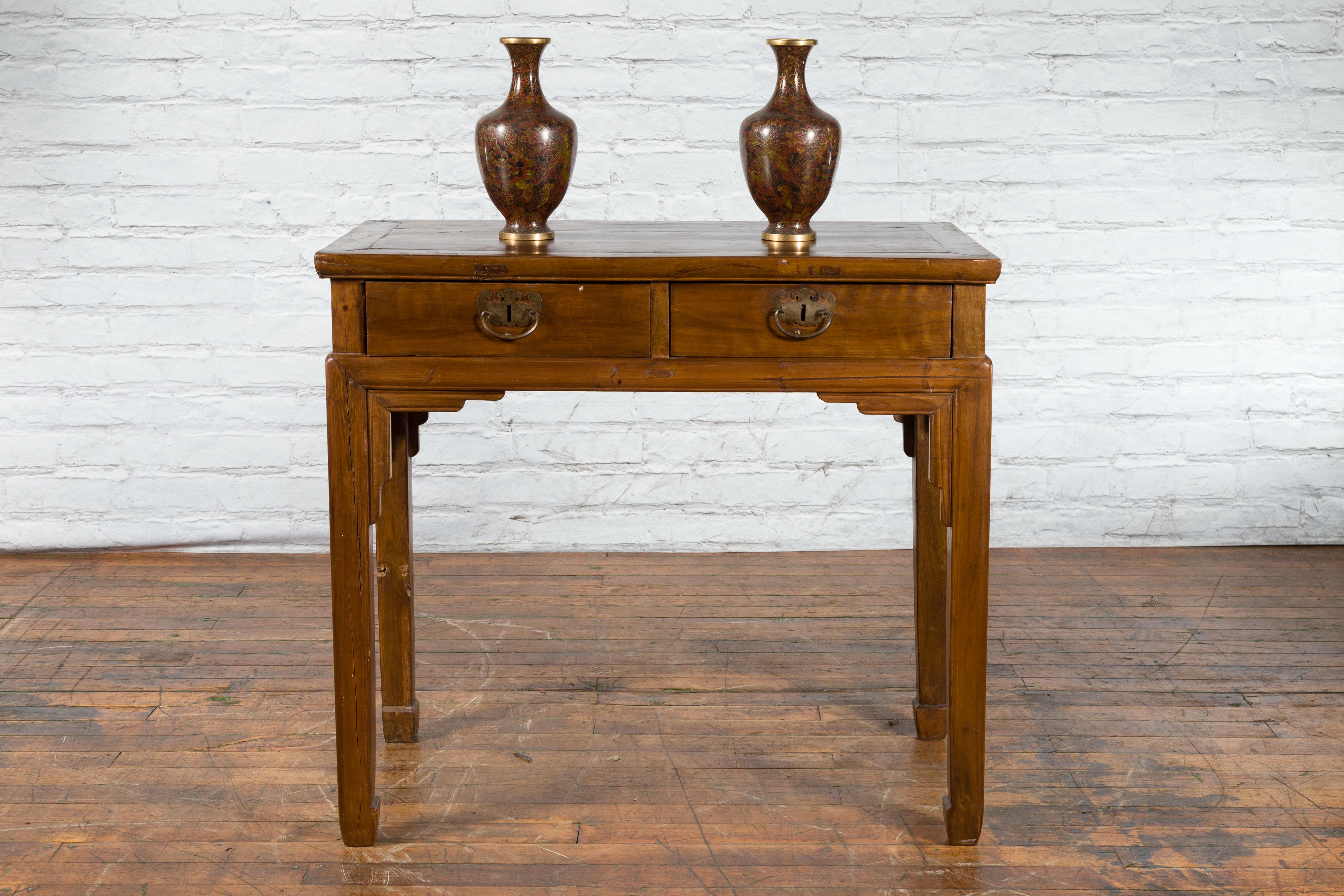 Carved Chinese Qing Dynasty 19th Century Two-Drawer Desk with Bronze Butterfly Hardware For Sale
