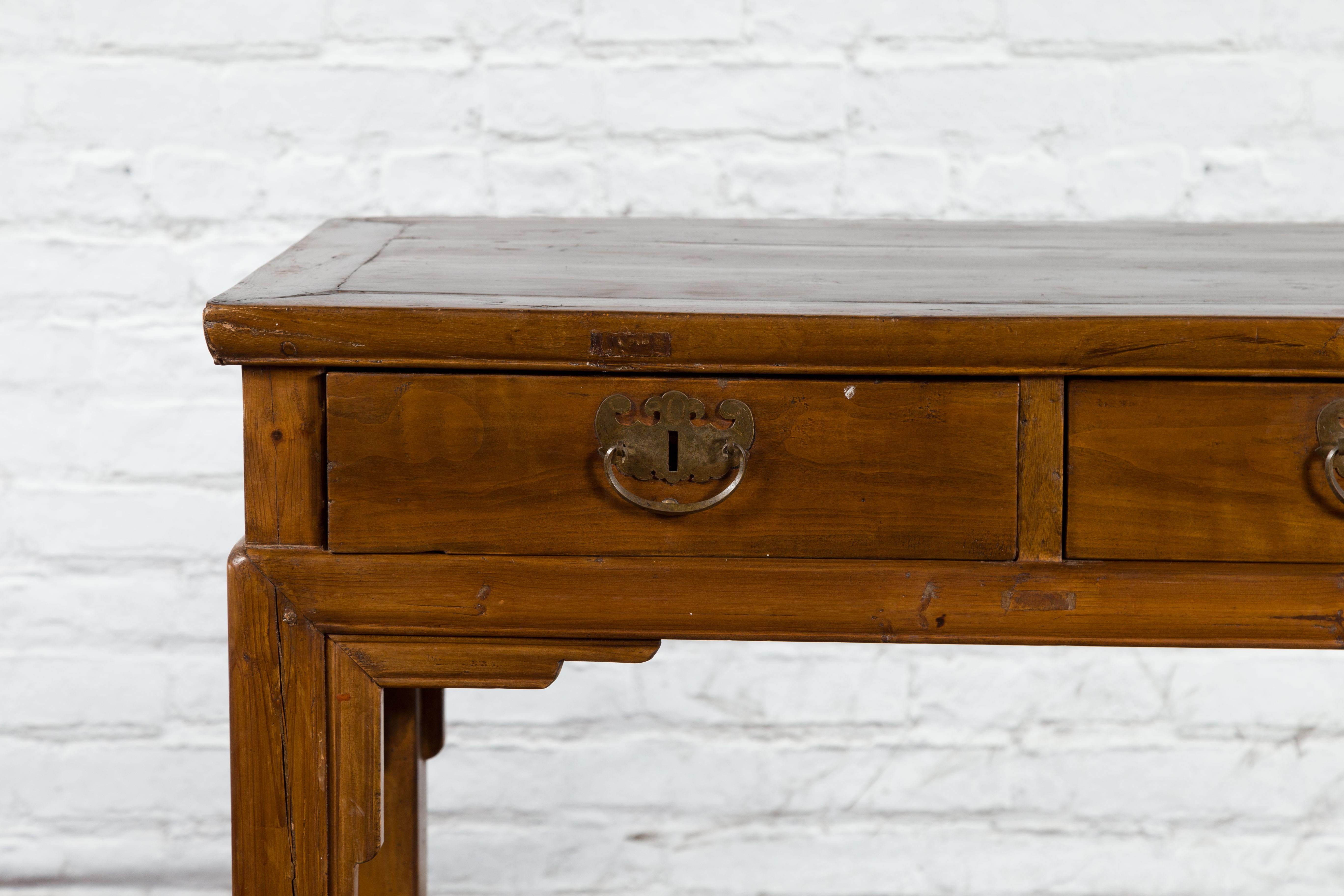 Chinese Qing Dynasty 19th Century Two-Drawer Desk with Bronze Butterfly Hardware For Sale 2