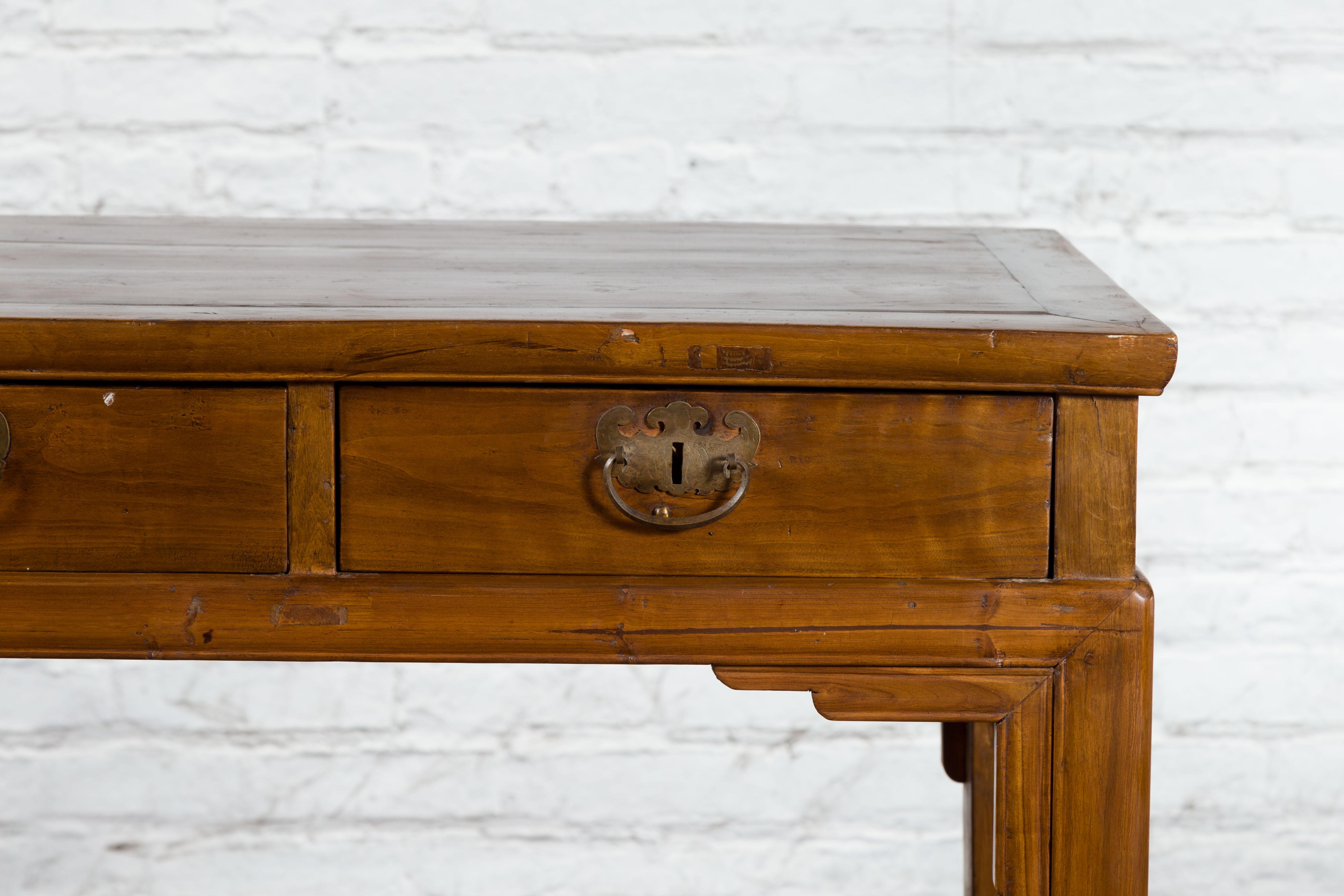 Chinese Qing Dynasty 19th Century Two-Drawer Desk with Bronze Butterfly Hardware For Sale 3