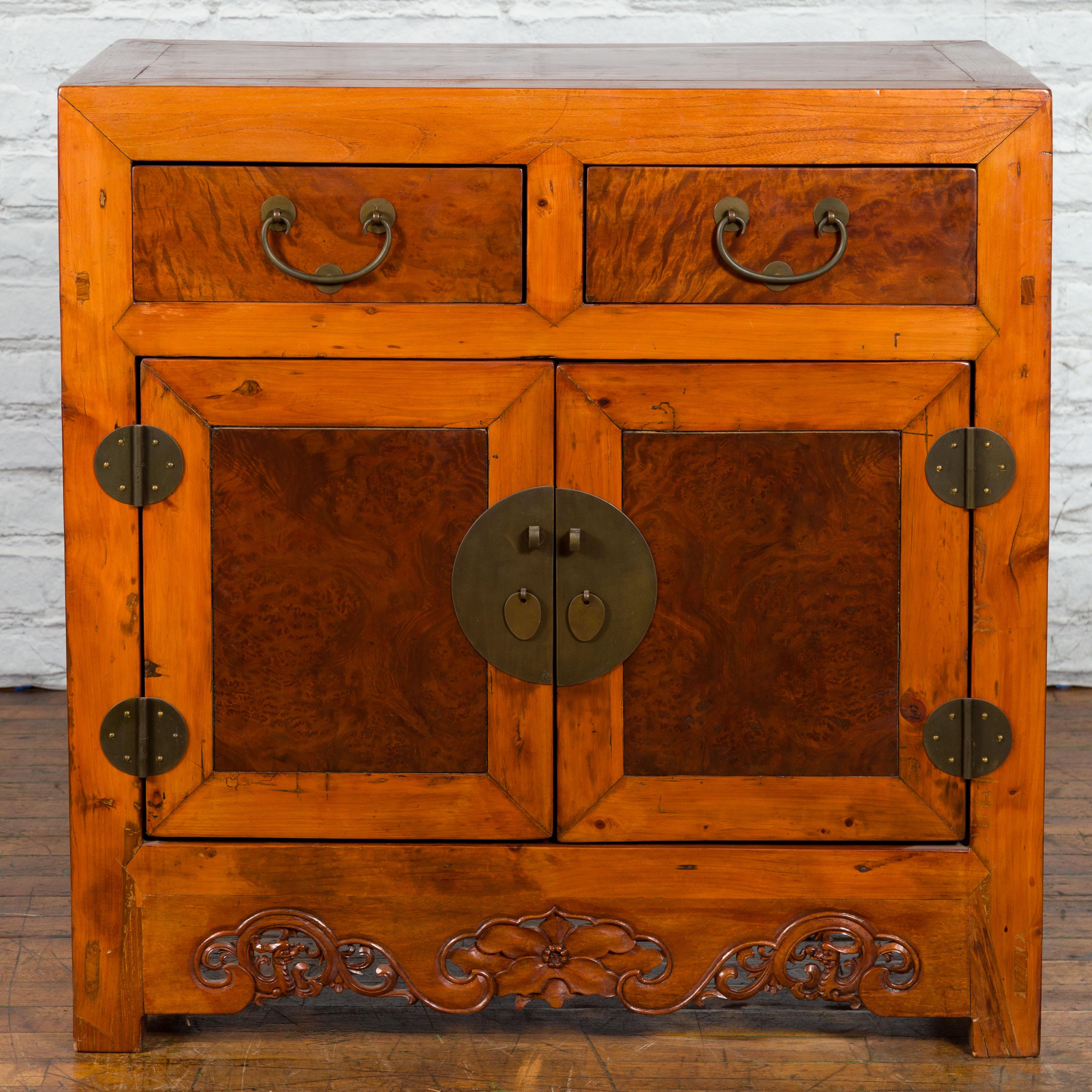 Carved Chinese Qing Dynasty 19th Century Two-Toned Elm Cabinet with Burl Wood Accents For Sale