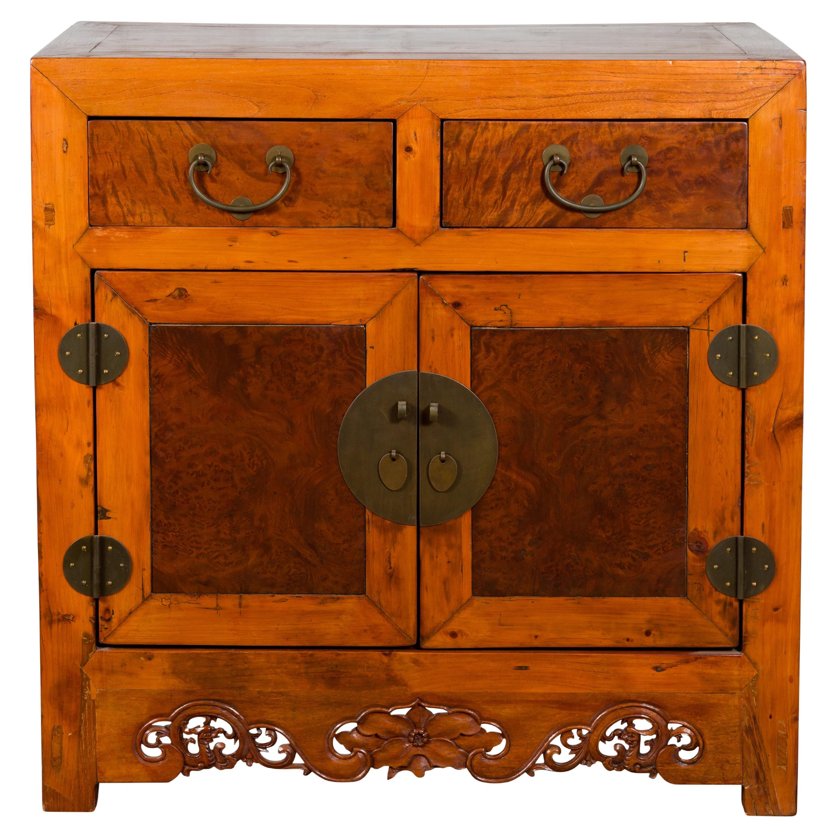 Chinese Qing Dynasty 19th Century Two-Toned Elm Cabinet with Burl Wood Accents