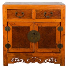Chinese Qing Dynasty 19th Century Two-Toned Elm Cabinet with Burl Wood Accents