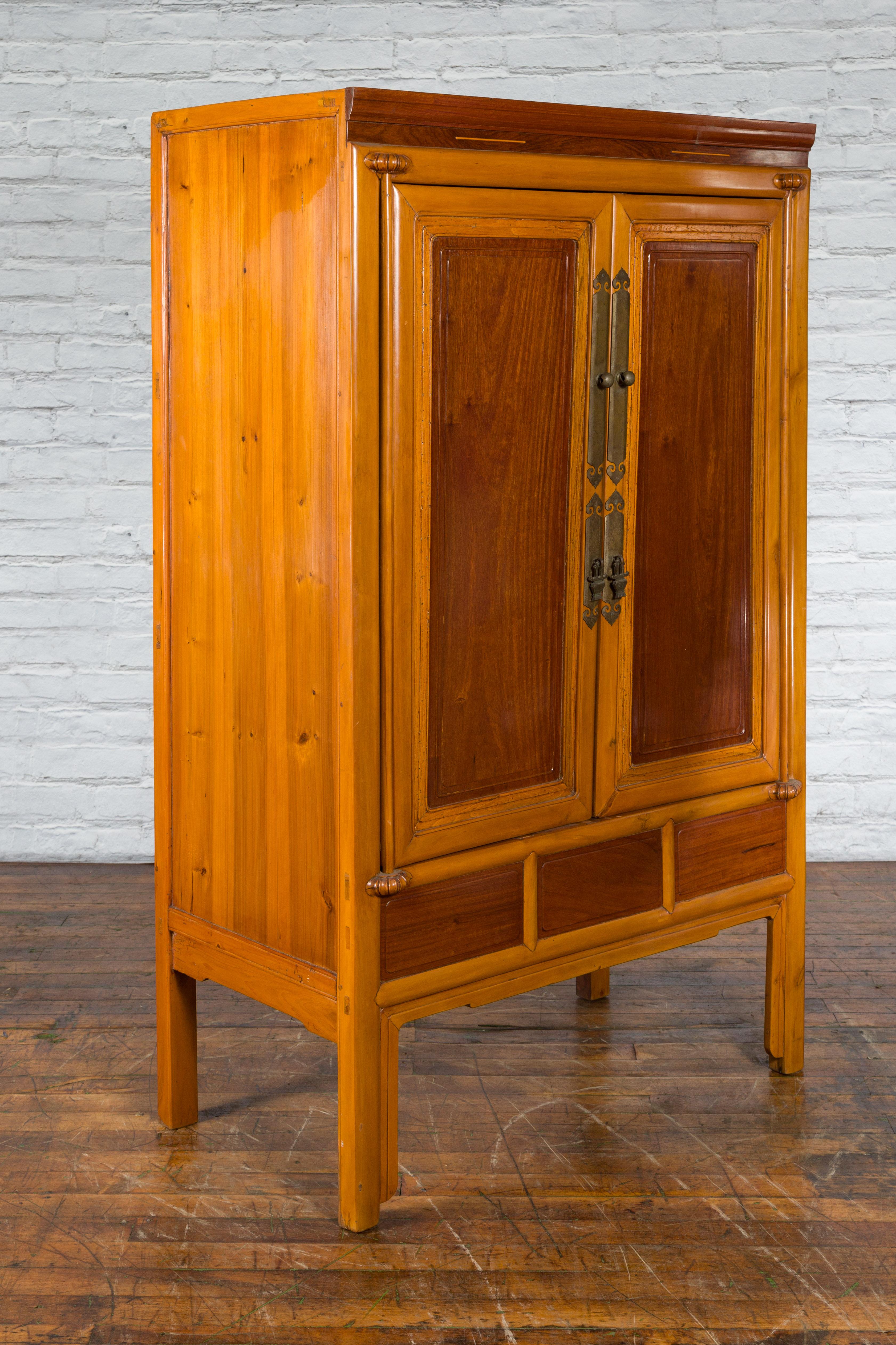 Carved Chinese Qing Dynasty 19th Century Two-Toned Wooden Cabinet with Brass Hardware For Sale