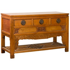 Antique Chinese Qing Dynasty 19th Century Waisted Sideboard with Carved Floral Motifs