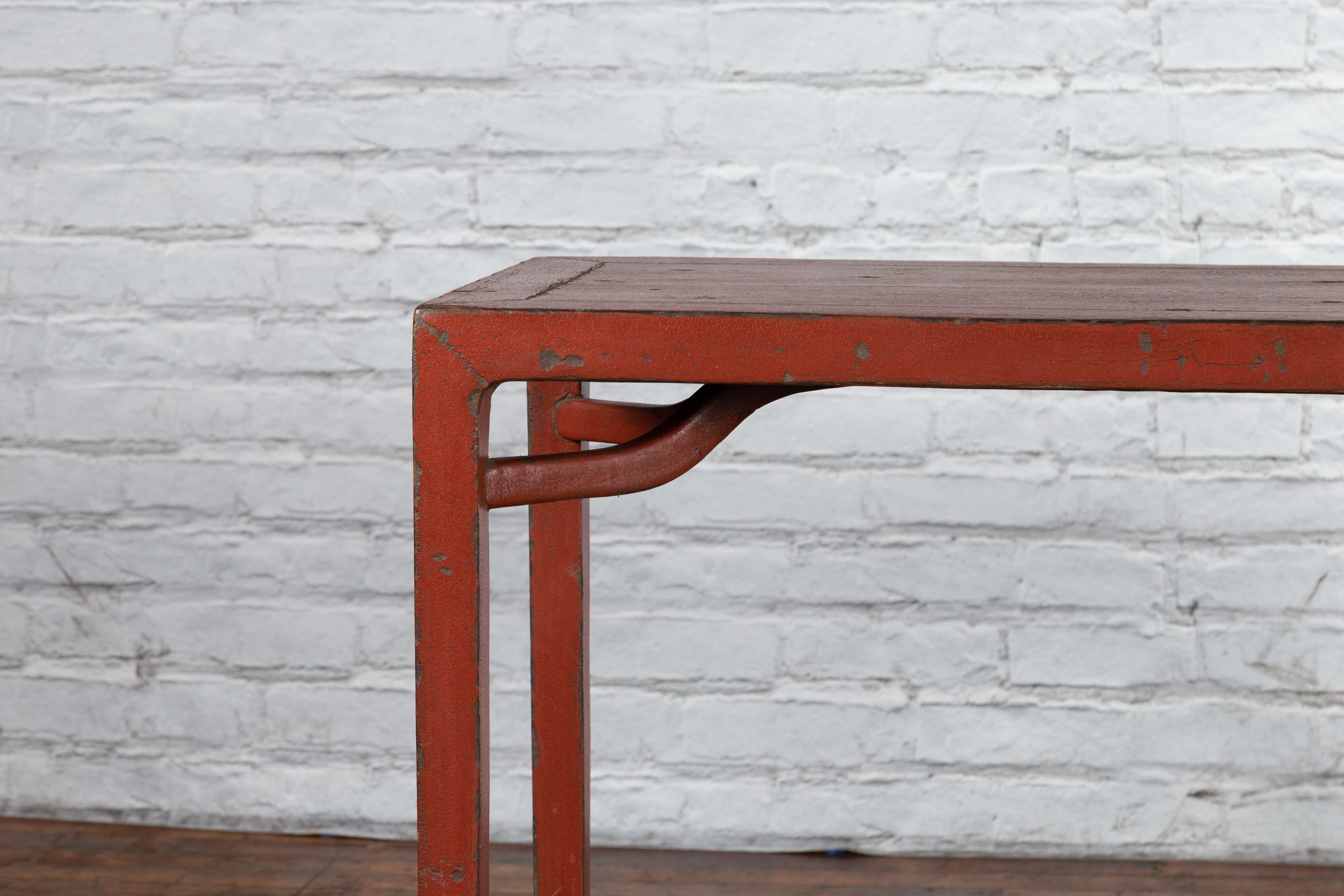 Chinese Qing Dynasty 19th Century Wood Console Table with Original Red Lacquer For Sale 6