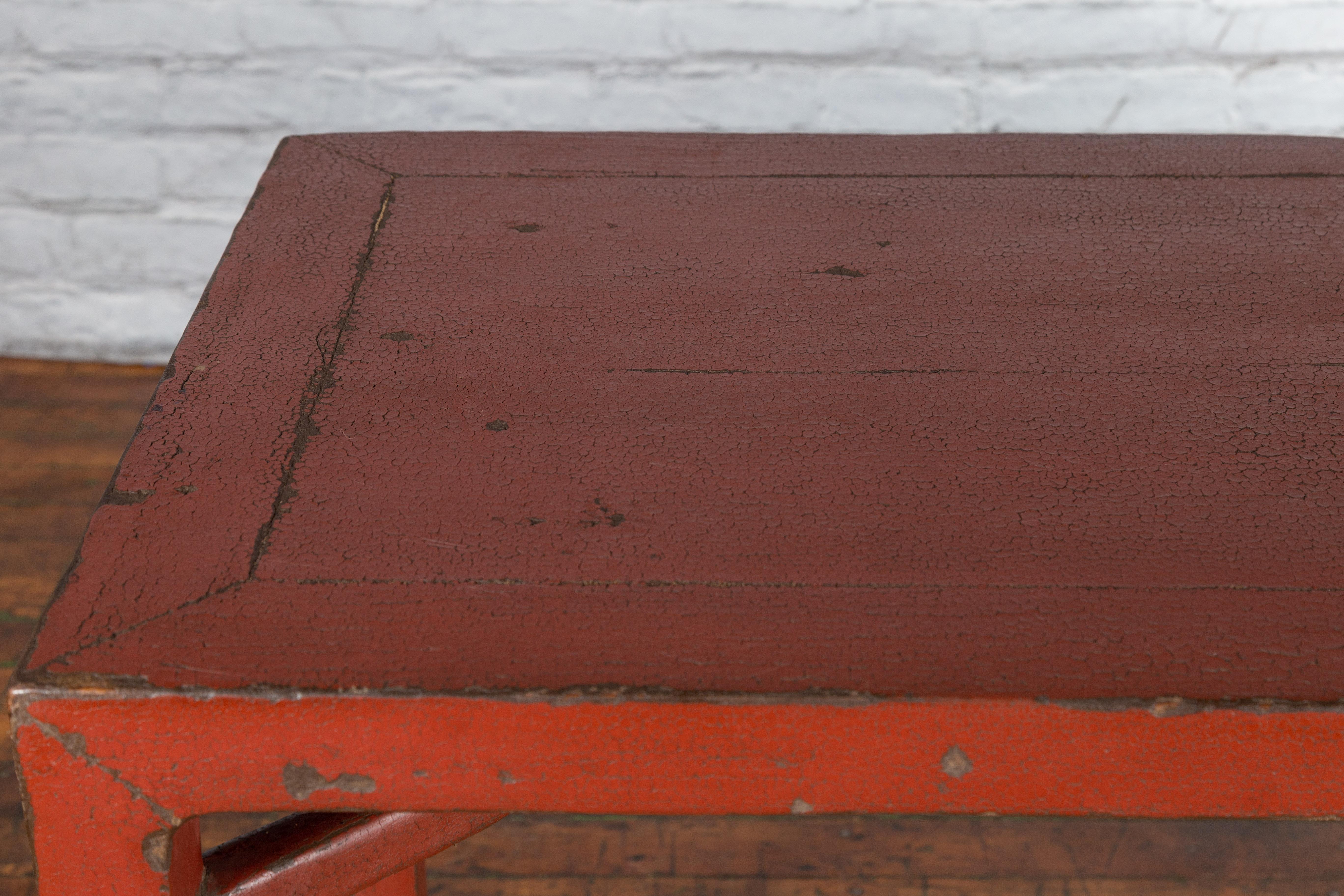 Chinese Qing Dynasty 19th Century Wood Console Table with Original Red Lacquer For Sale 7