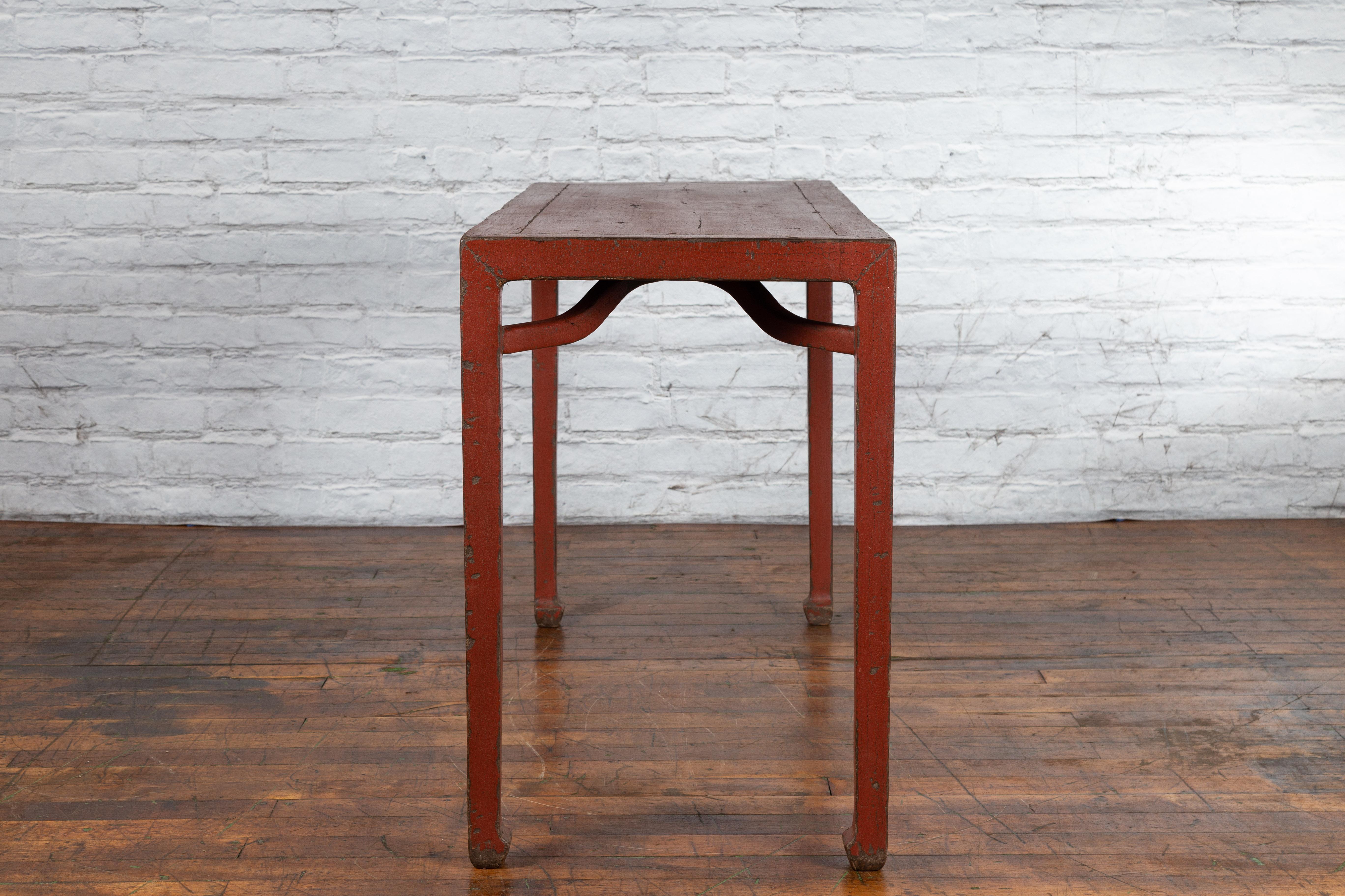 Chinese Qing Dynasty 19th Century Wood Console Table with Original Red Lacquer For Sale 8