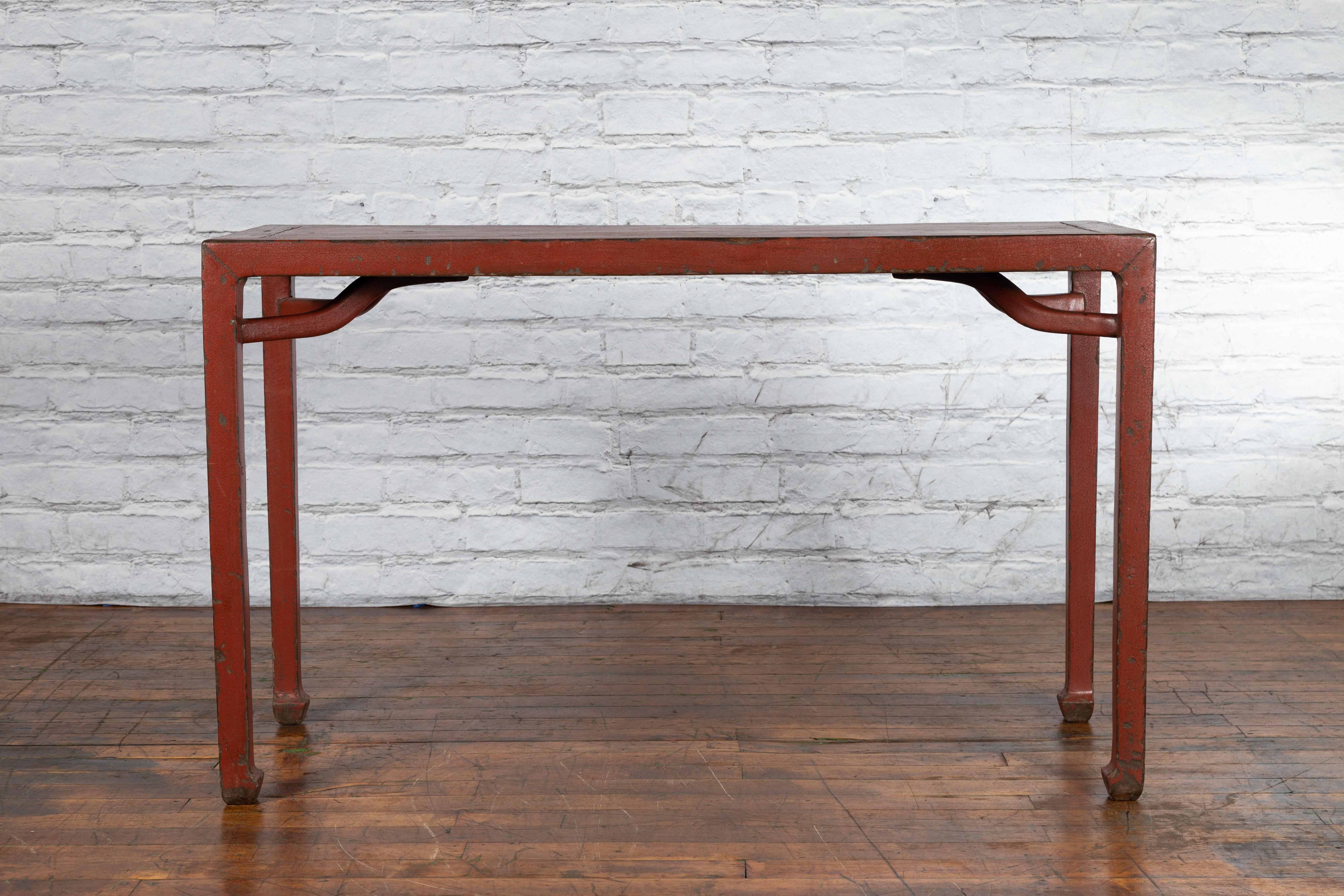 Chinese Qing Dynasty 19th Century Wood Console Table with Original Red Lacquer For Sale 10