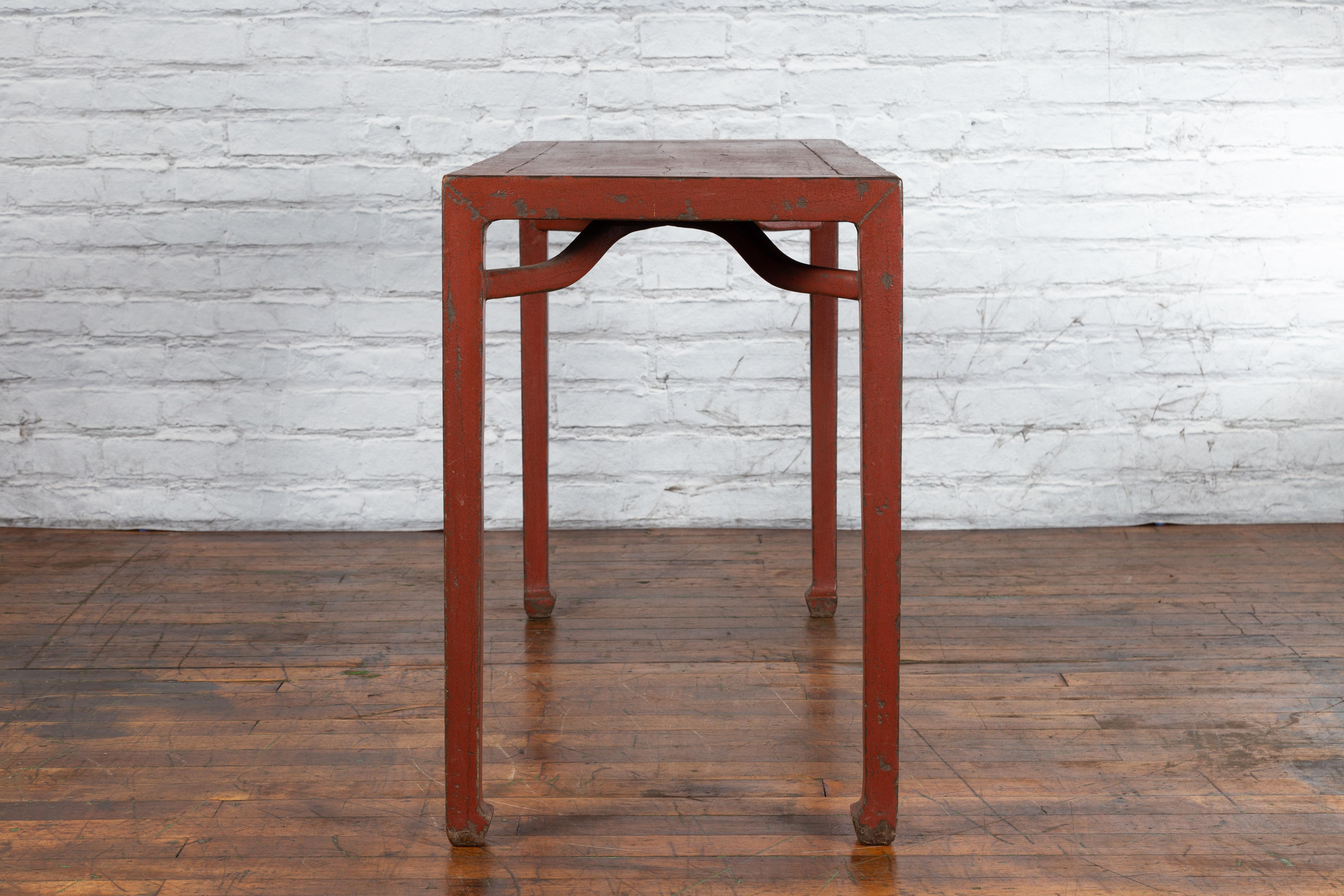 Chinese Qing Dynasty 19th Century Wood Console Table with Original Red Lacquer For Sale 11