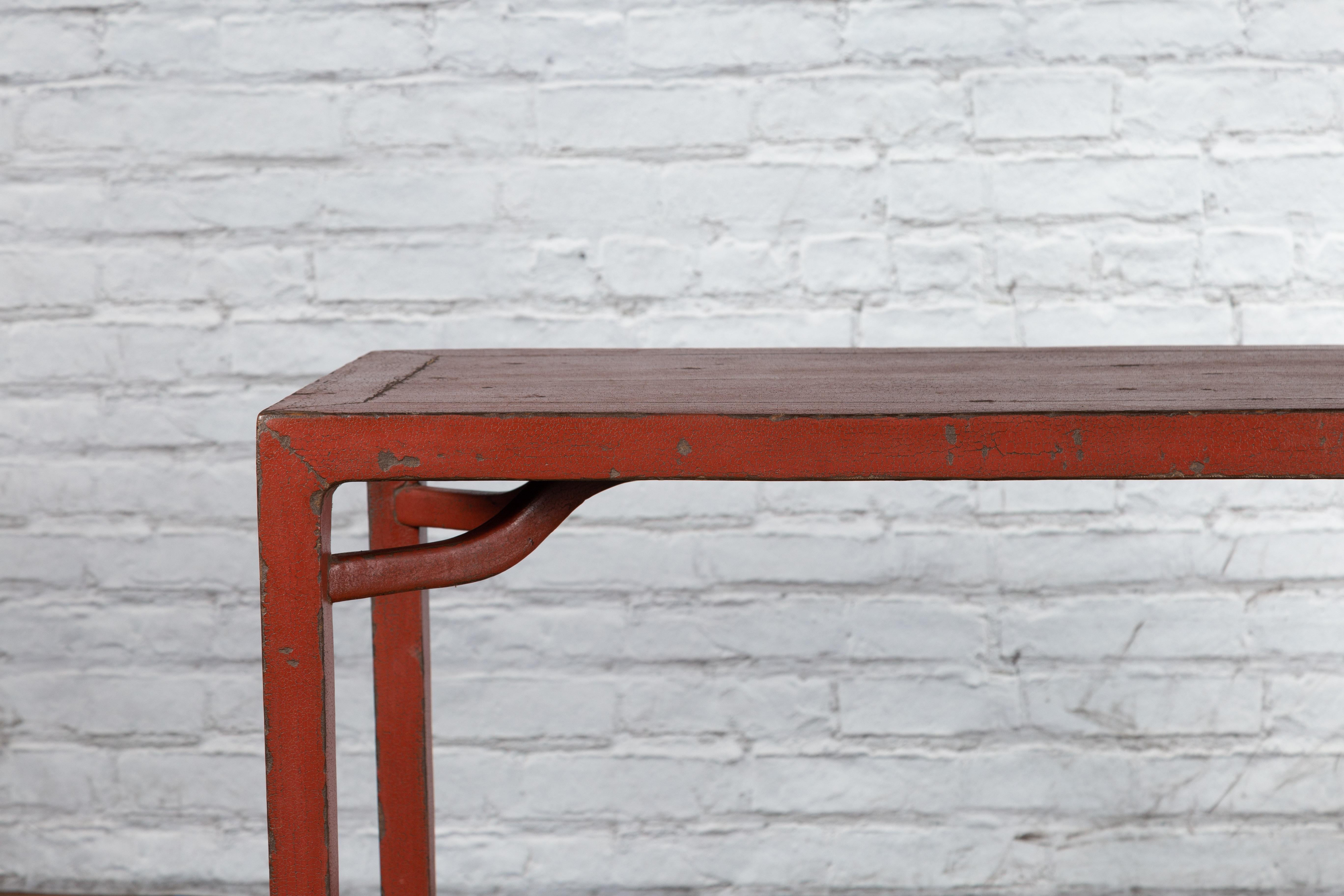 Chinese Qing Dynasty 19th Century Wood Console Table with Original Red Lacquer For Sale 1