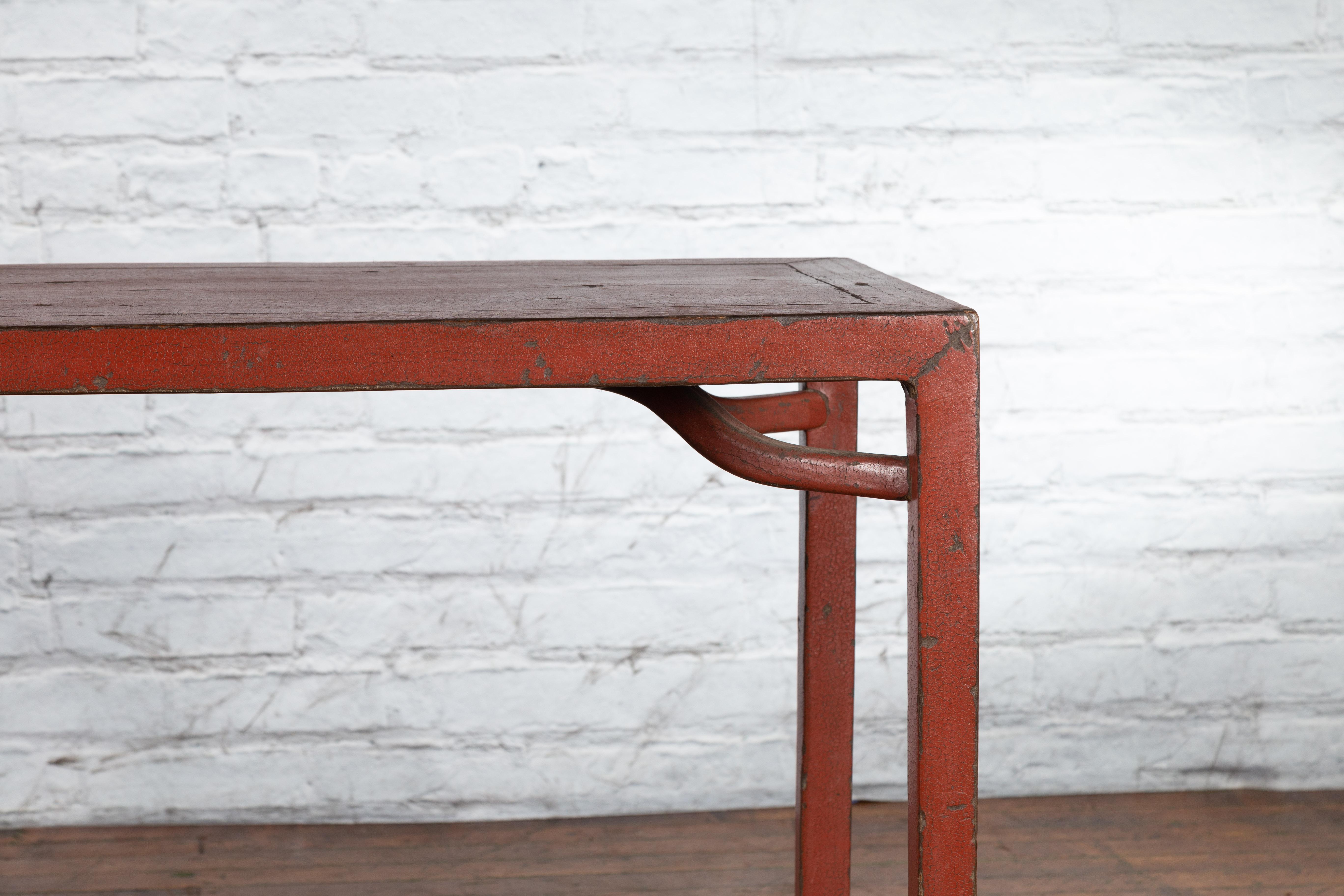 Chinese Qing Dynasty 19th Century Wood Console Table with Original Red Lacquer For Sale 2