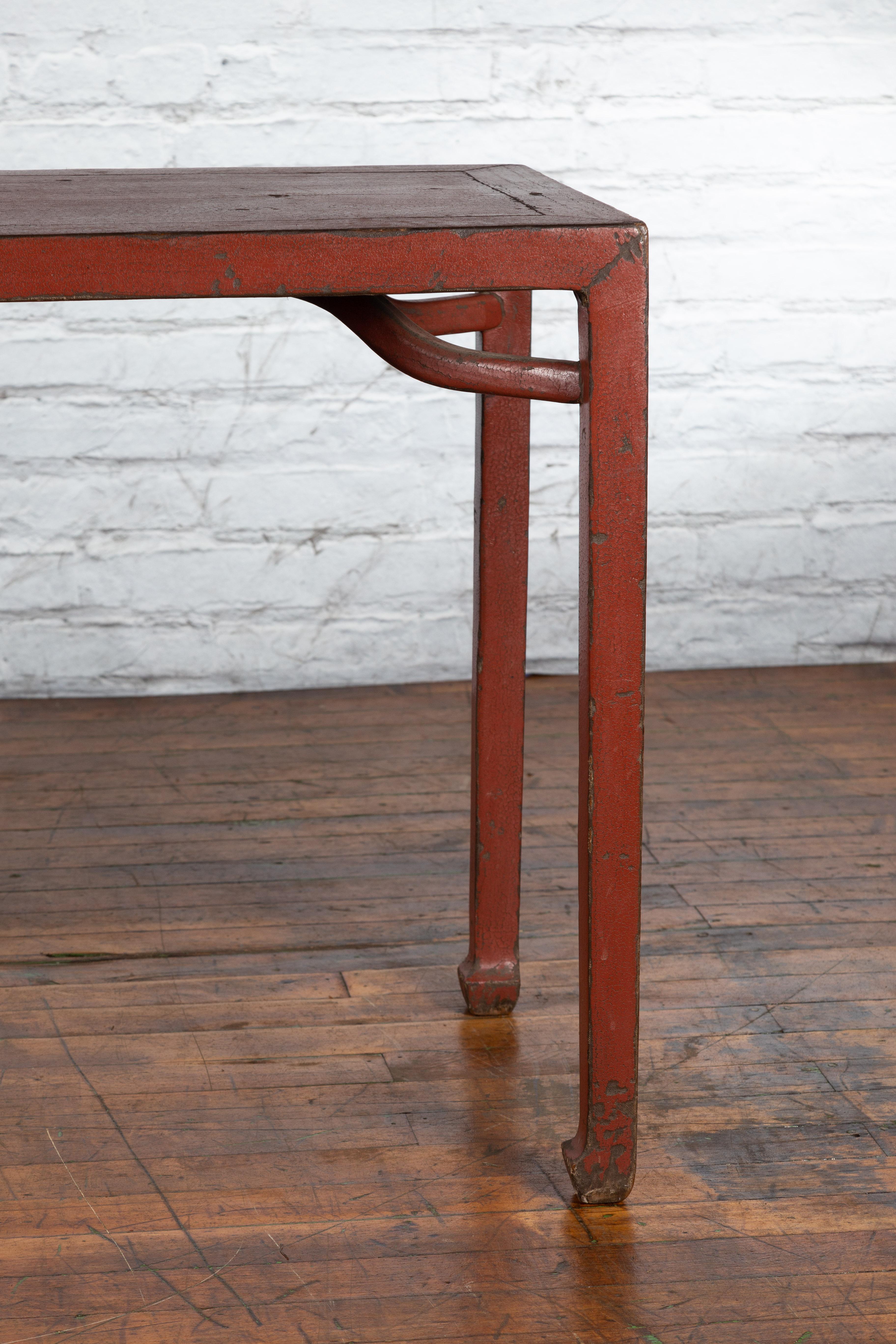 Chinese Qing Dynasty 19th Century Wood Console Table with Original Red Lacquer For Sale 4