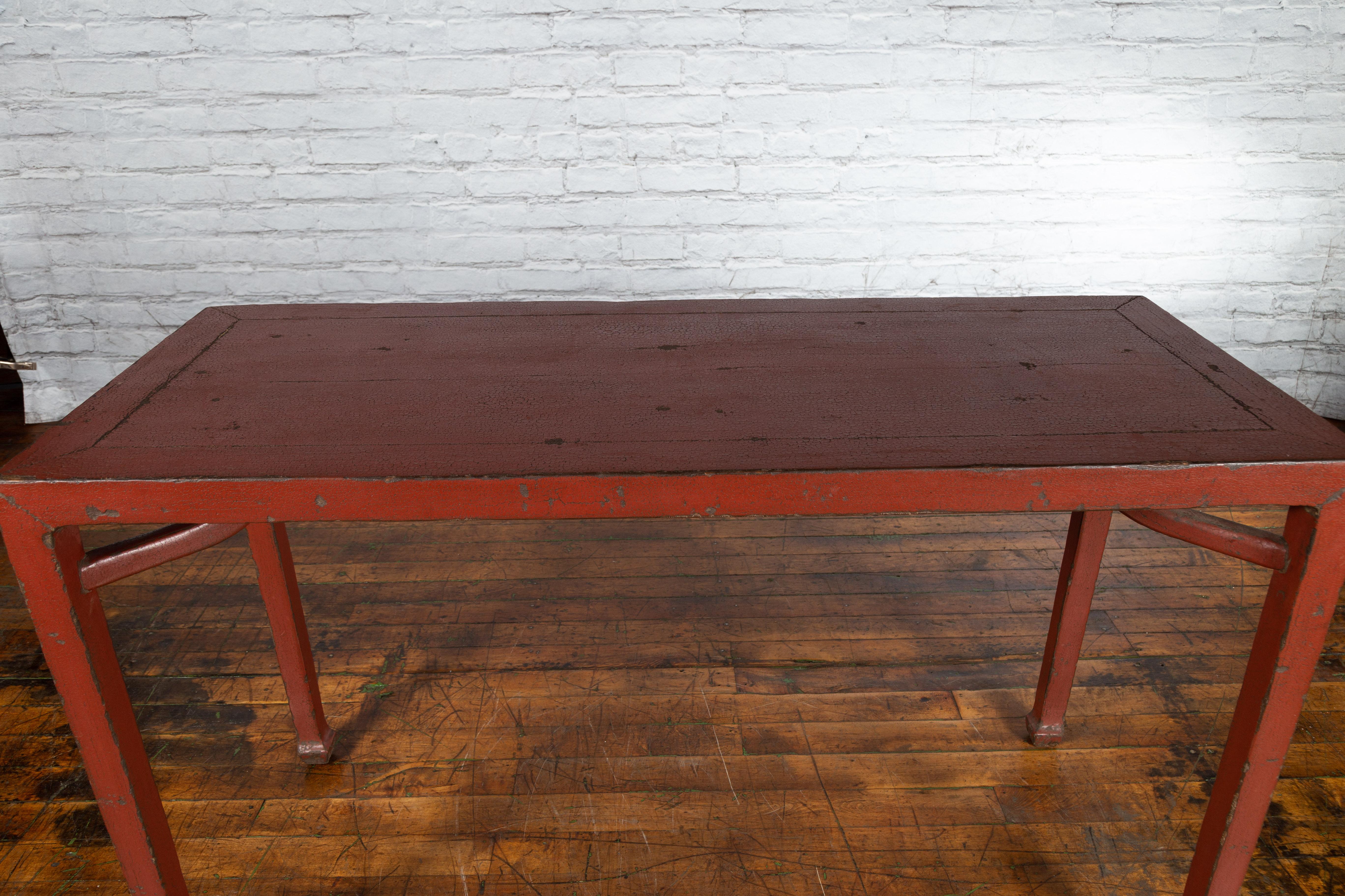 Chinese Qing Dynasty 19th Century Wood Console Table with Original Red Lacquer For Sale 5