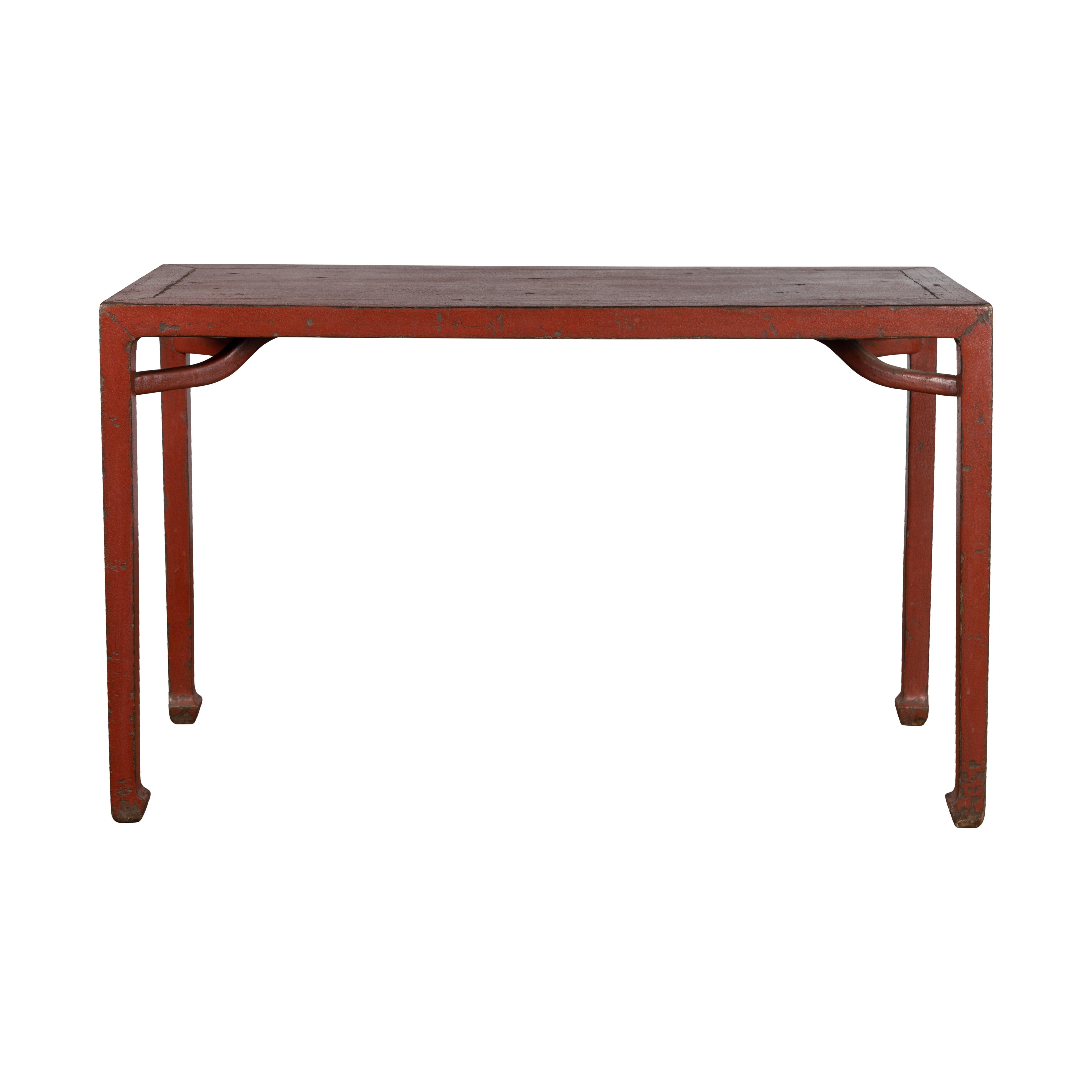 Chinese Qing Dynasty 19th Century Wood Console Table with Original Red Lacquer For Sale