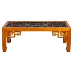 Chinese Qing Dynasty 19th Century Wooden Coffee Table with Stained Glass Top