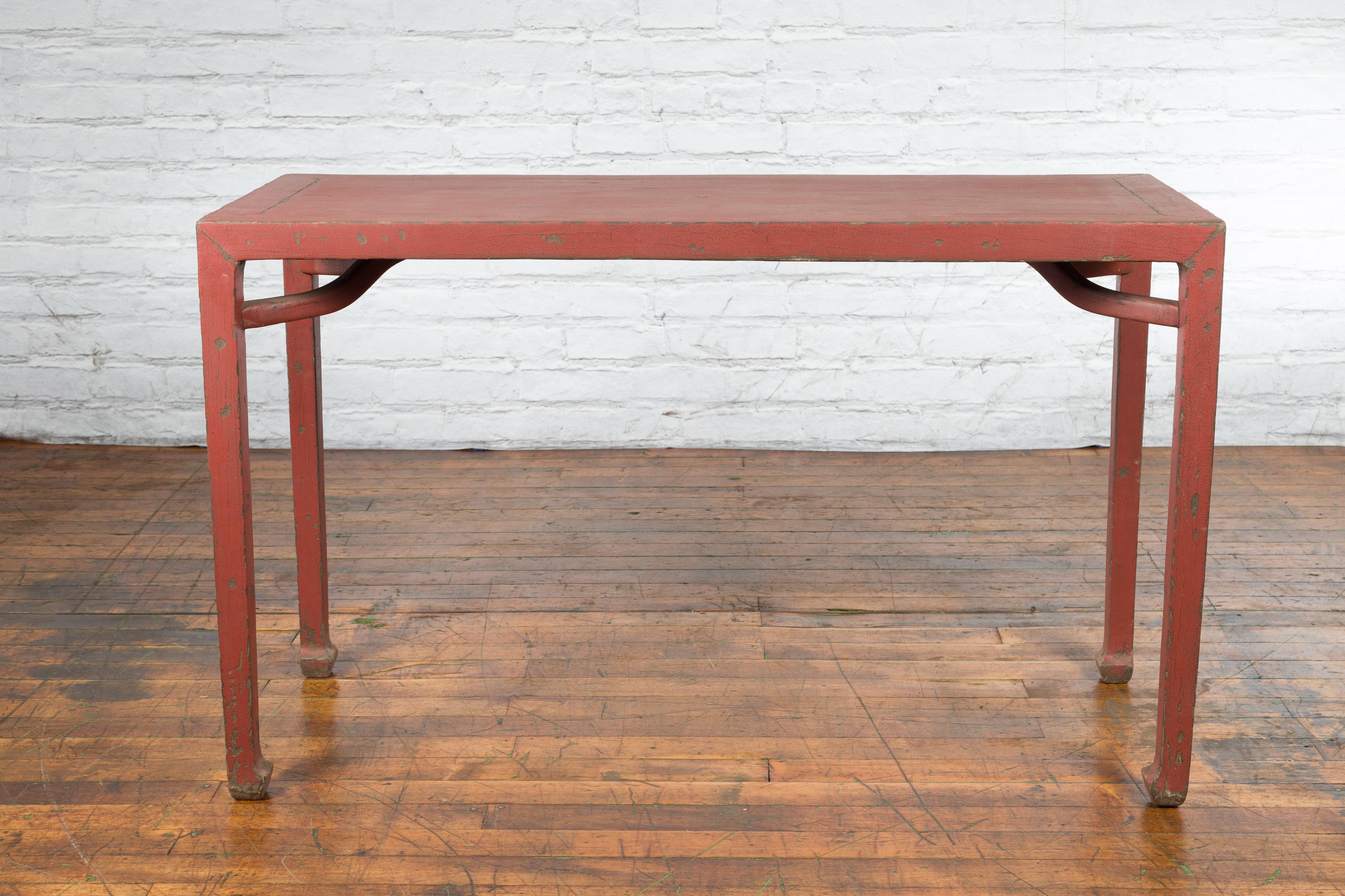Chinese Qing Dynasty 19th Century Yumu Wood Wine Table with Original Red Lacquer In Good Condition For Sale In Yonkers, NY