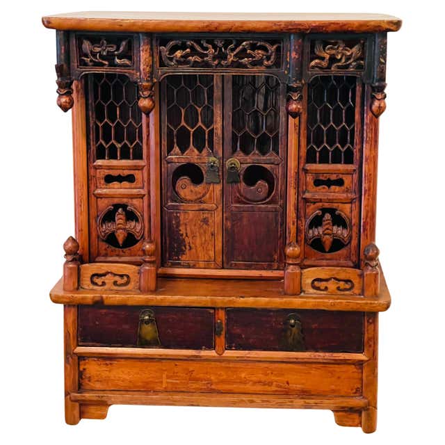 Antique Chinese Red Hand Painted Elm Ancestral Shrine / Altar For Sale ...