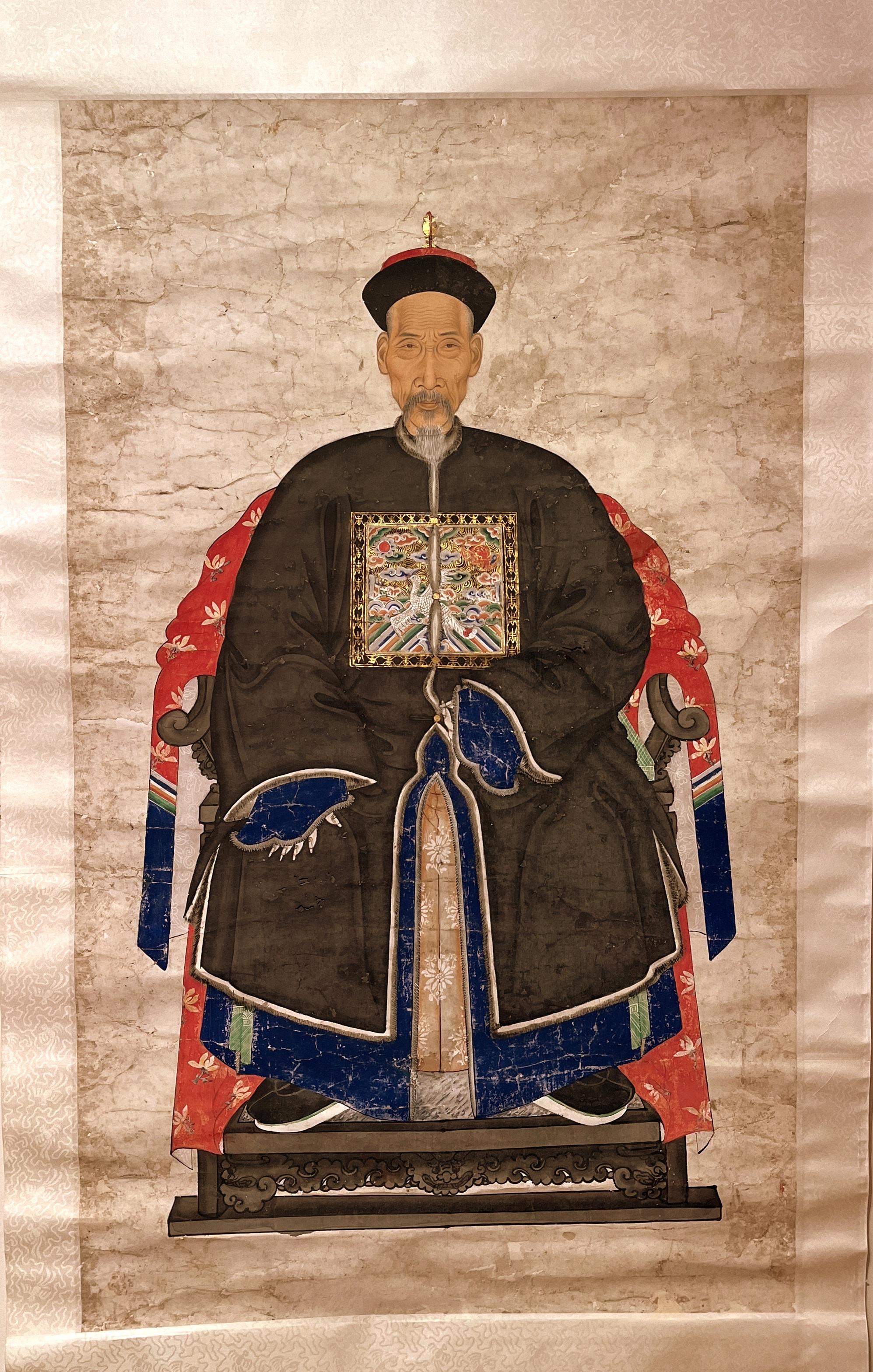 Hand-Painted Chinese Qing Dynasty Ancestor Imperial Officer Hanging Scroll Painting For Sale