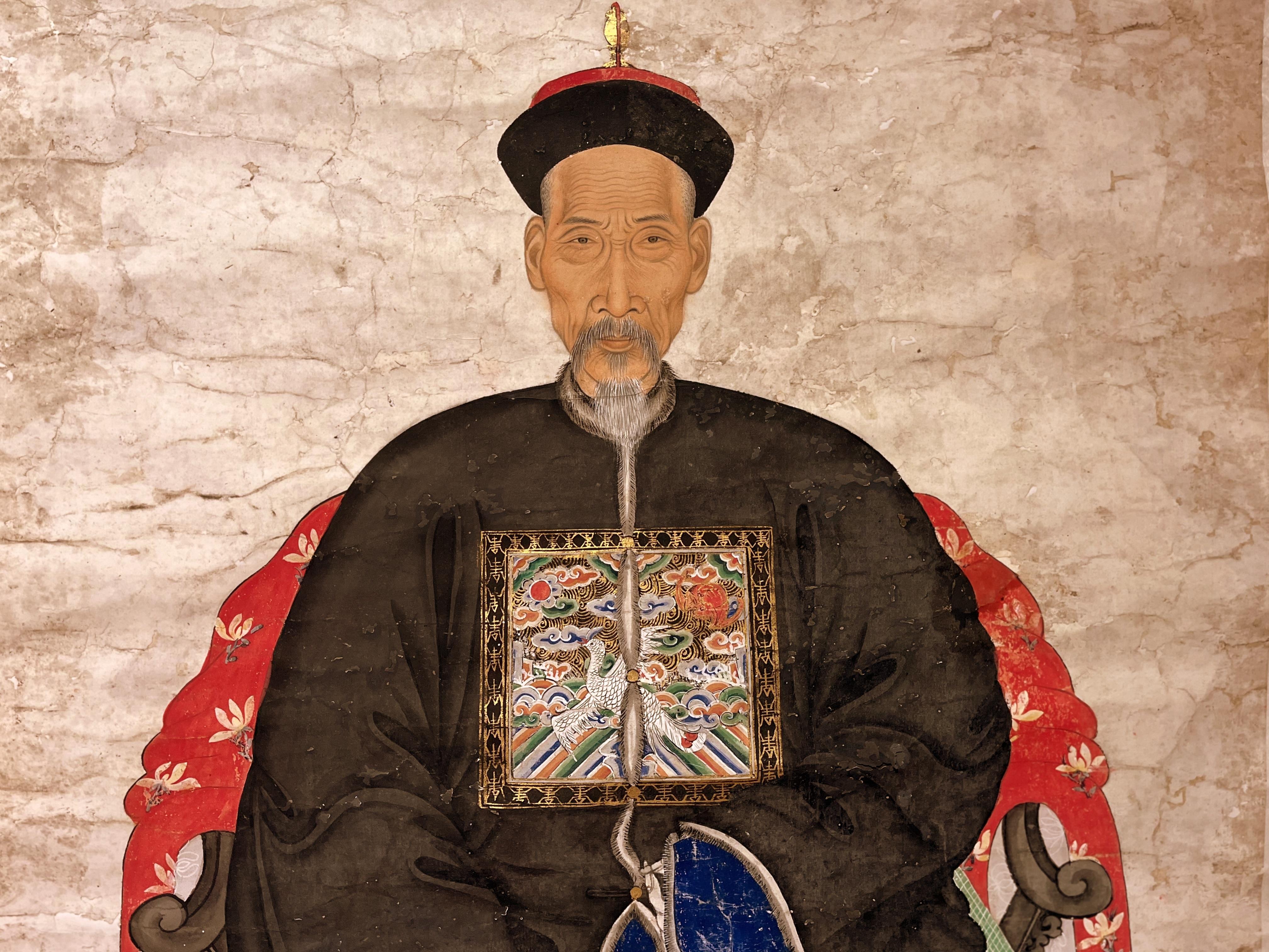 Chinese Qing Dynasty Ancestor Imperial Officer Hanging Scroll Painting In Good Condition For Sale In Greenwich, CT
