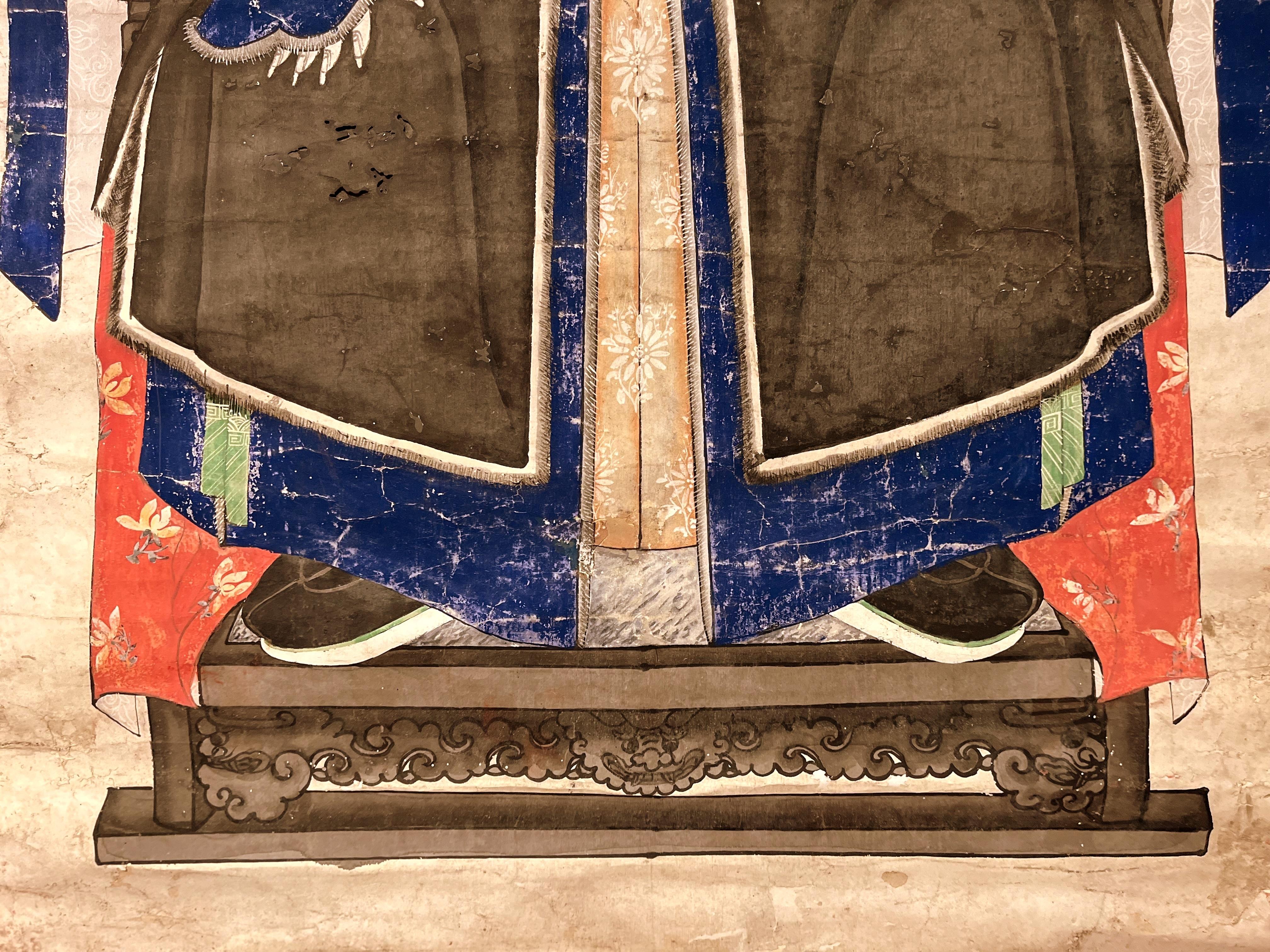 Chinesisch Qing Dynasty Vorfahren kaiserlichen Offizier hängende Schriftrolle Malerei (Quarz) im Angebot
