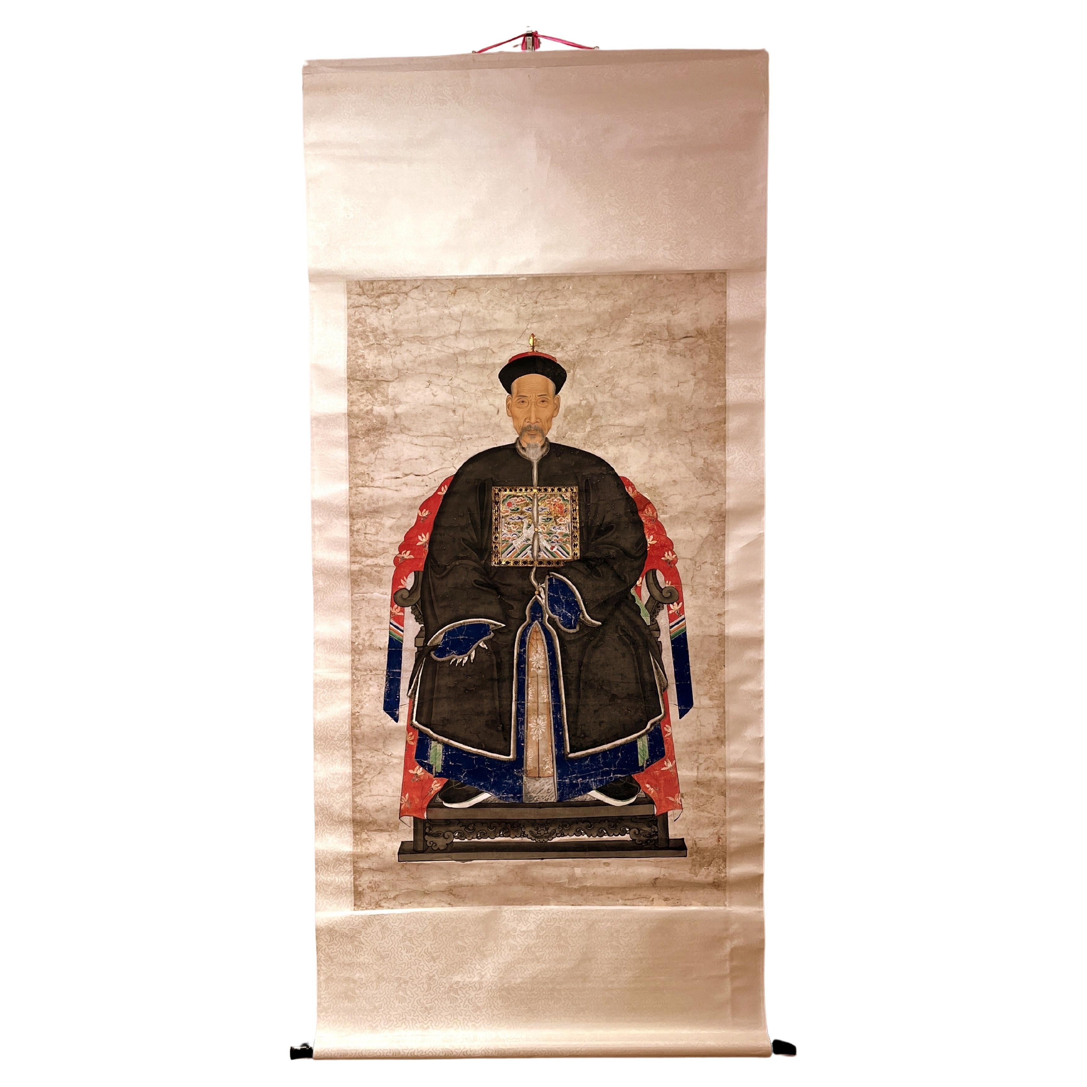 Chinese Qing Dynasty Ancestor Imperial Officer Hanging Scroll Painting For Sale